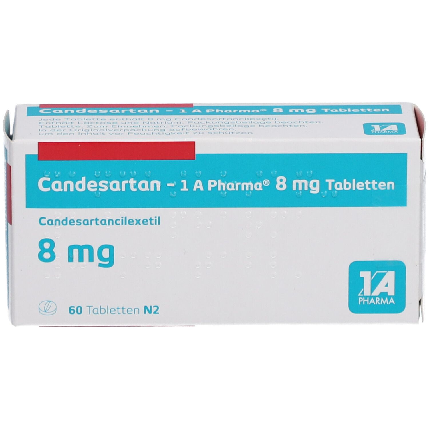 Verpackung von Candesartan-1A Pharma 8 mg Tabletten. Vorderansicht mit Produktnamen, Dosierung und Packungsgröße.