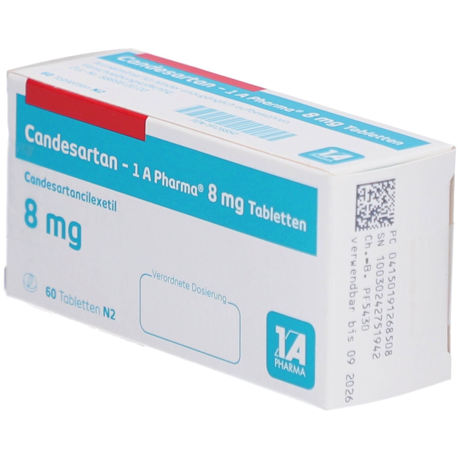 Schachtel mit Candesartan-1A Pharma 8 mg Tabletten. Ansicht mit Produktnamen, Dosierung, Packungsgröße und Logo.