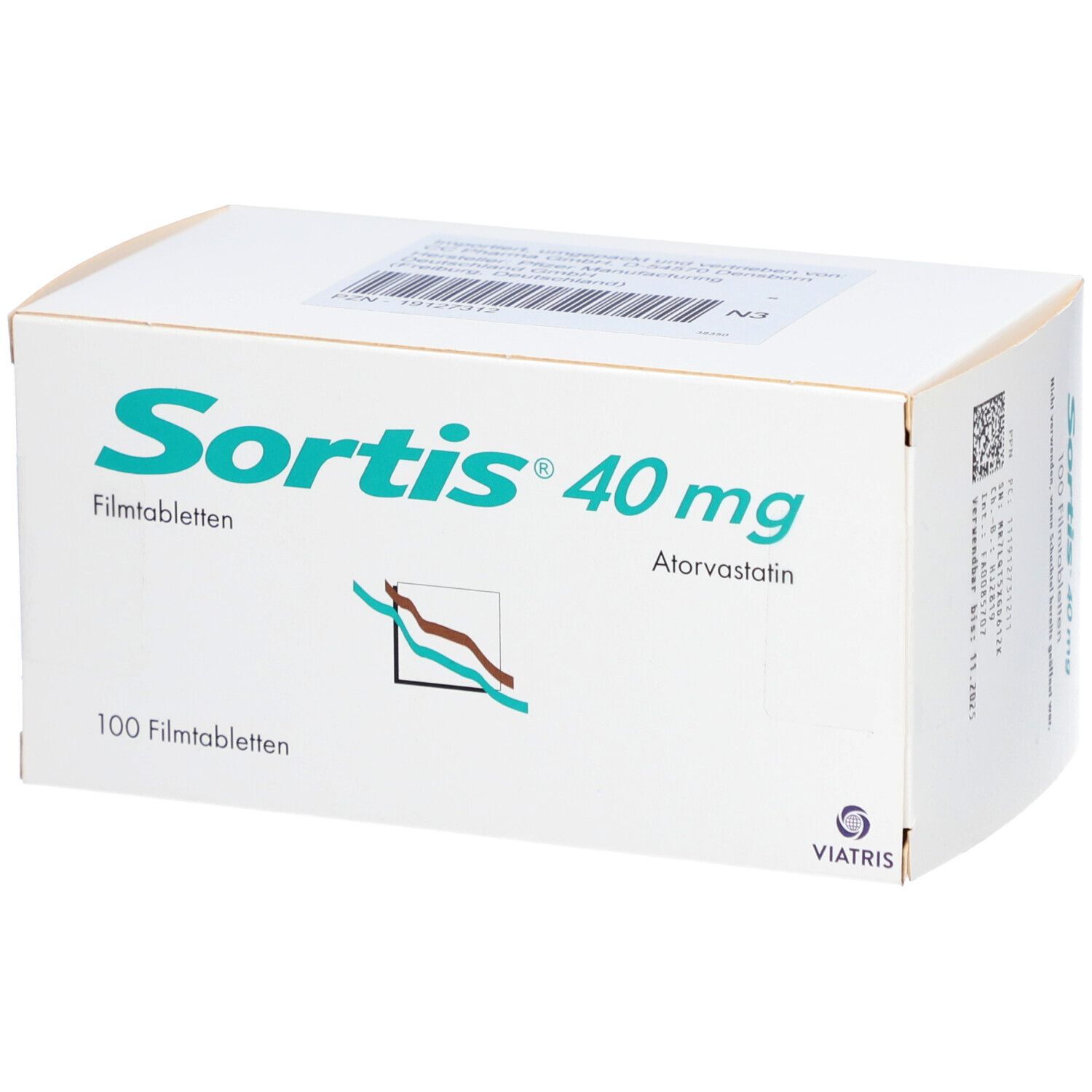 Weiße Faltschachtel mit SORTIS 40 mg, 100 Filmtabletten. Logo und Schriftzug in Türkis. Viatris-Logo.