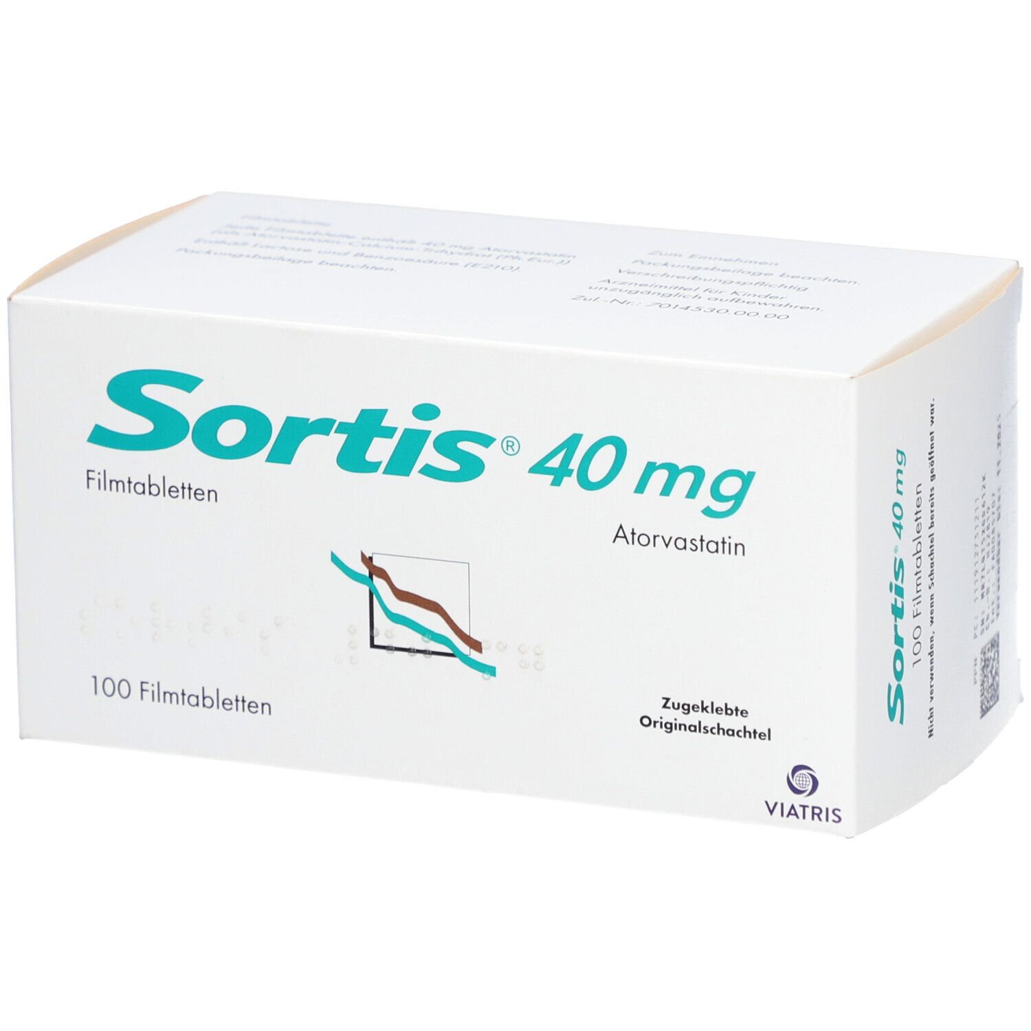 Weiße Faltschachtel mit SORTIS 40 mg, 100 Filmtabletten. Logo und Schriftzug in Türkis. Viatris-Logo. Aufschrift: Originalschachtel.