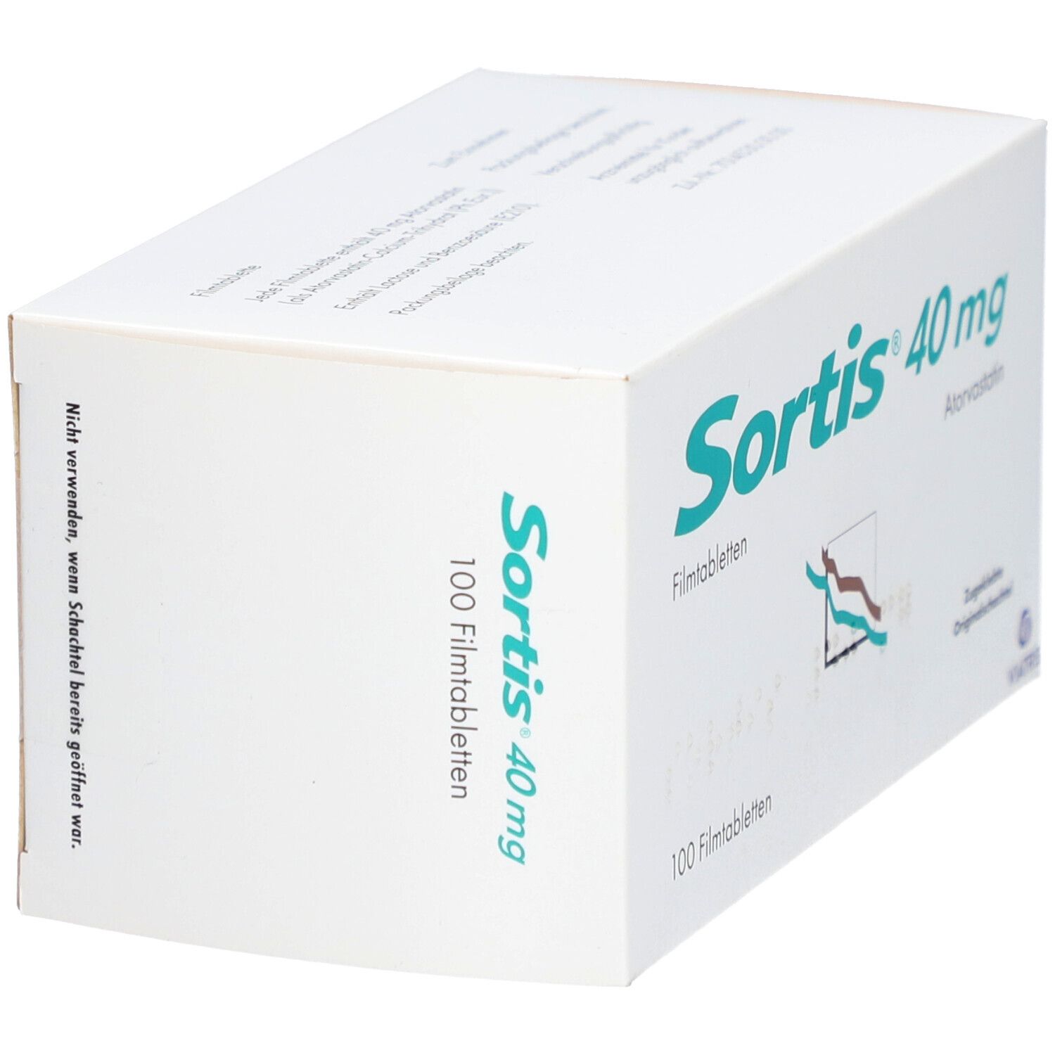 Weiße Faltschachtel mit SORTIS 40 mg, 100 Filmtabletten. Logo und Schriftzug in Türkis. Viatris-Logo. Schachtel schräg.