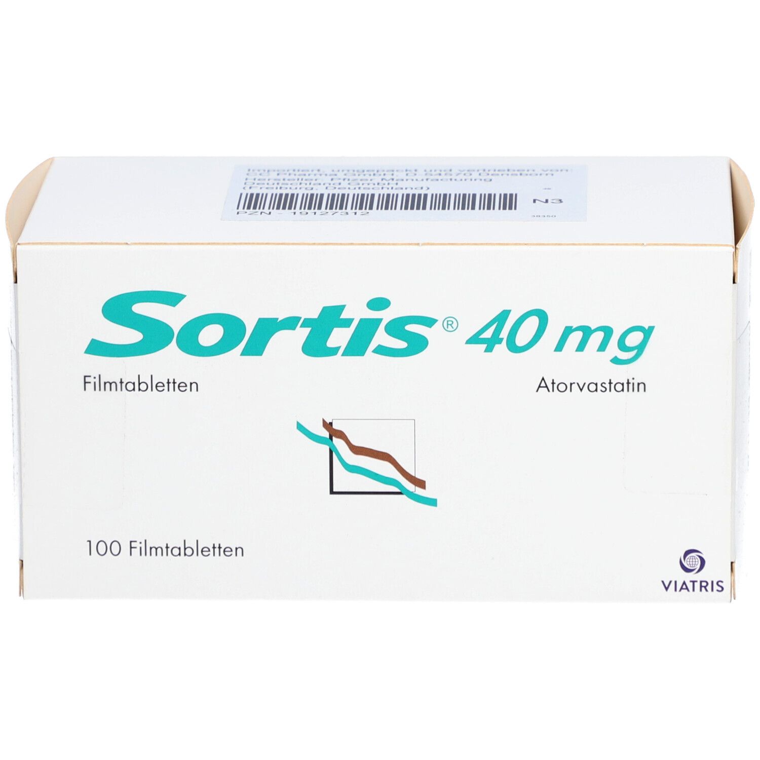 Weiße Faltschachtel mit SORTIS 40 mg, 100 Filmtabletten. Logo und Schriftzug in Türkis. Viatris-Logo.