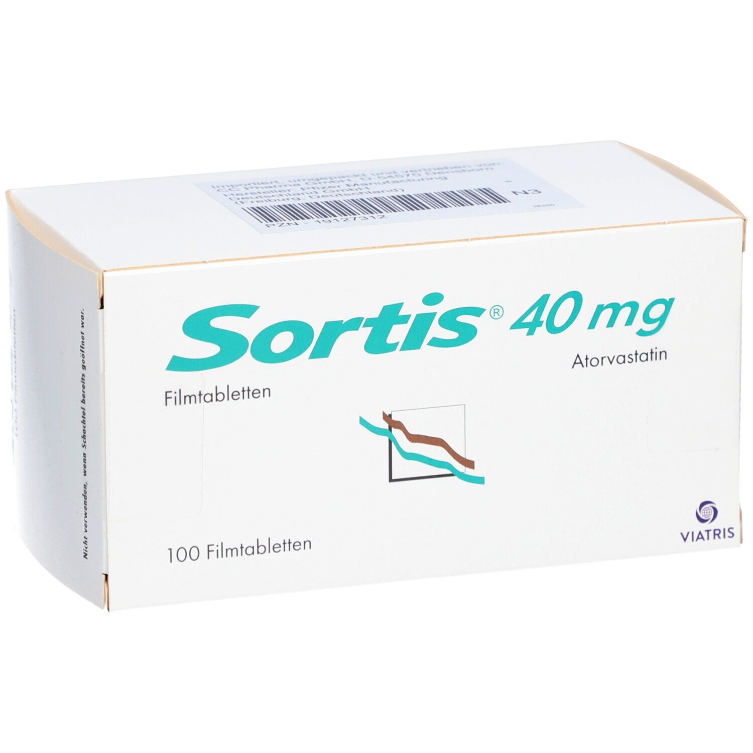 Weiße Faltschachtel mit SORTIS 40 mg, 100 Filmtabletten. Logo und Schriftzug in Türkis. Viatris-Logo.