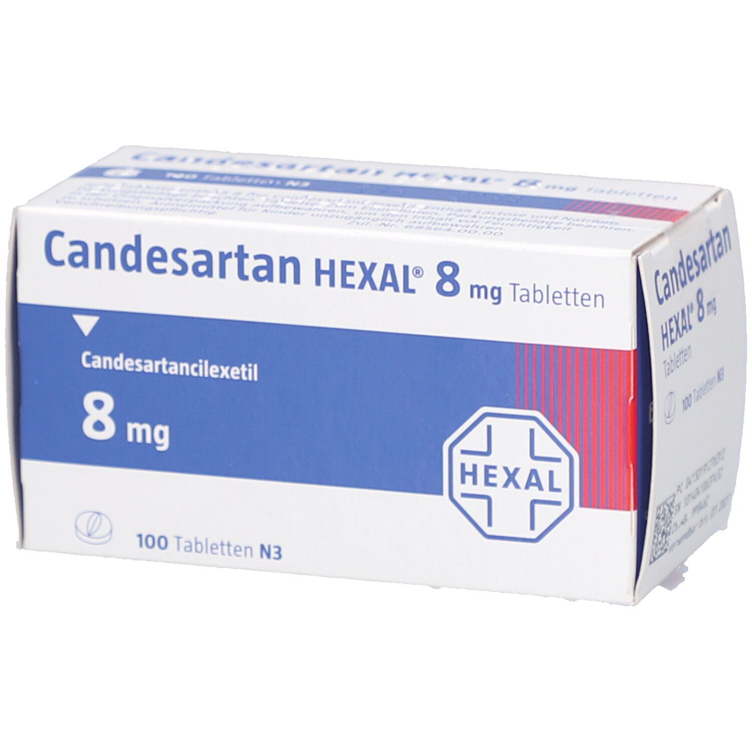 Weiße Schachtel mit blauer und roter Schrift. Aufschrift: Candesartan HEXAL 8 mg Tabletten. Enthält 100 Tabletten.