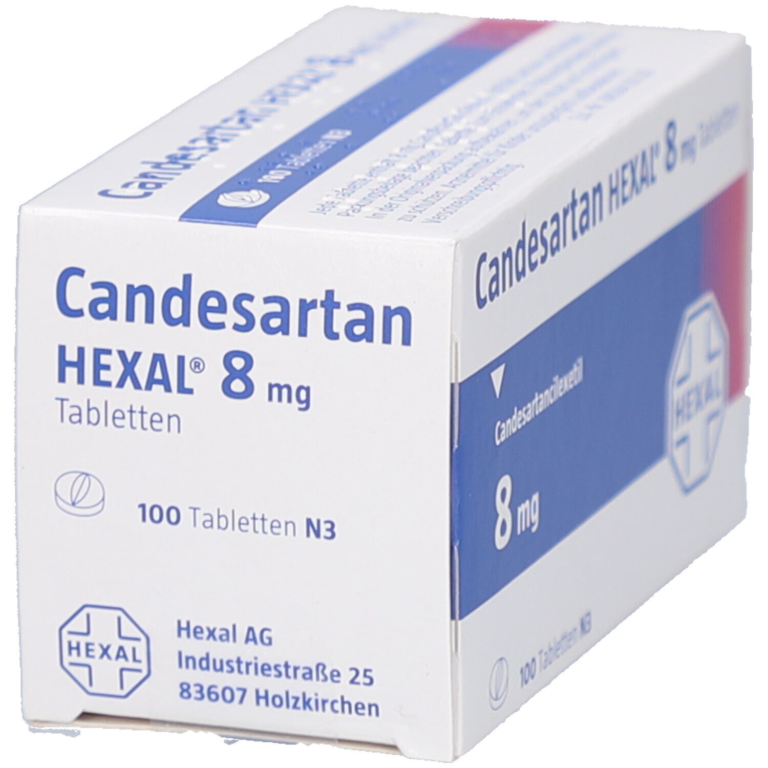 Weiße Schachtel mit blauer Schrift. Aufschrift: Candesartan HEXAL 8 mg Tabletten. Enthält 100 Tabletten. Hexal AG Logo.
