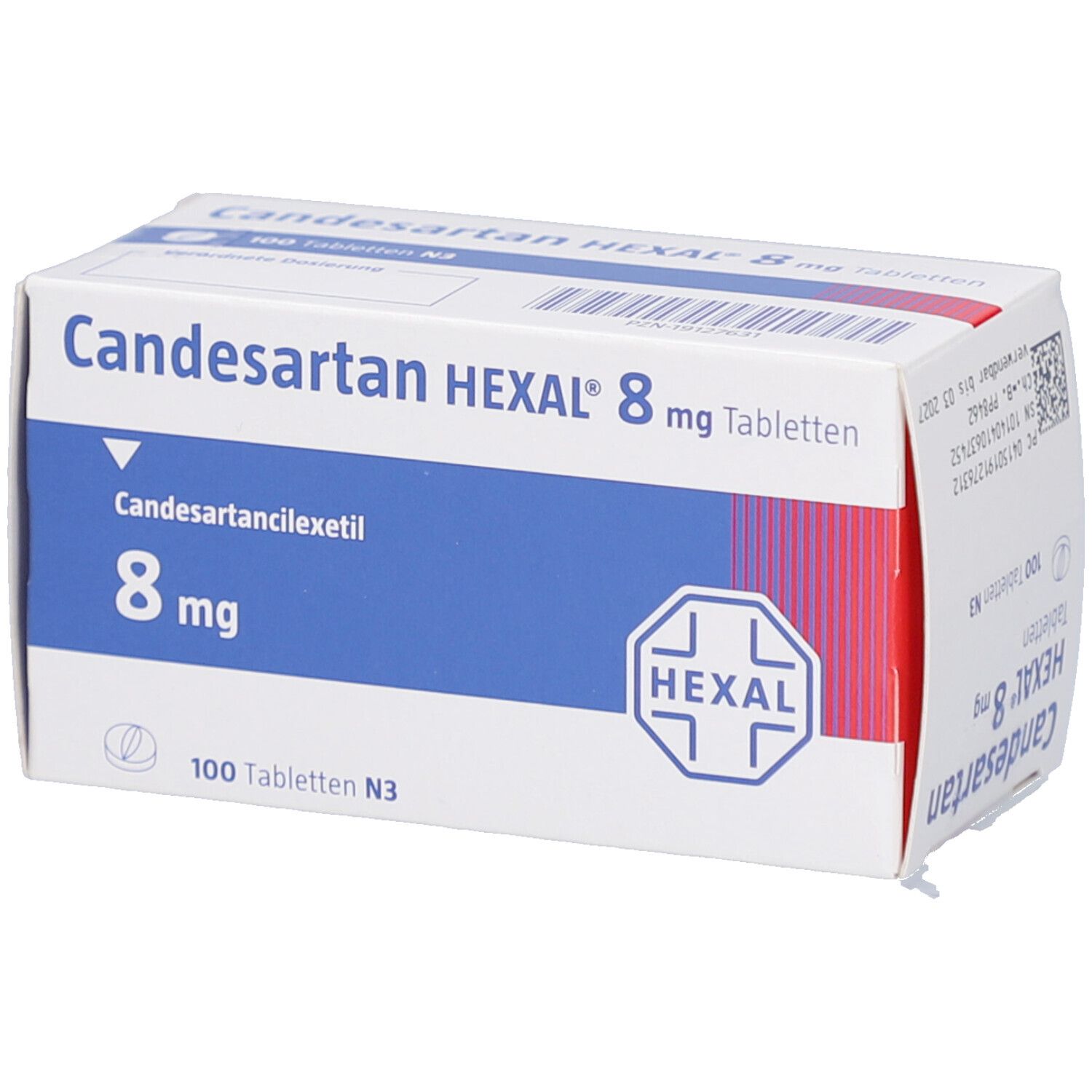 Weiße Schachtel mit blauer und roter Schrift. Aufschrift: Candesartan HEXAL 8 mg Tabletten. Enthält 100 Tabletten.