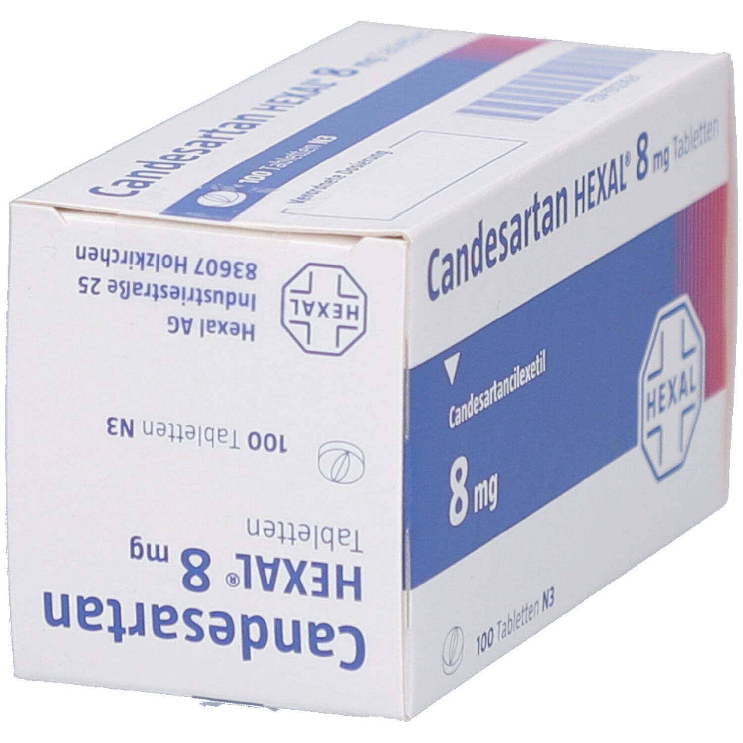 Weiße Schachtel mit blauer Schrift. Aufschrift: Candesartan HEXAL 8 mg Tabletten. Enthält 100 Tabletten. Hexal AG Logo.