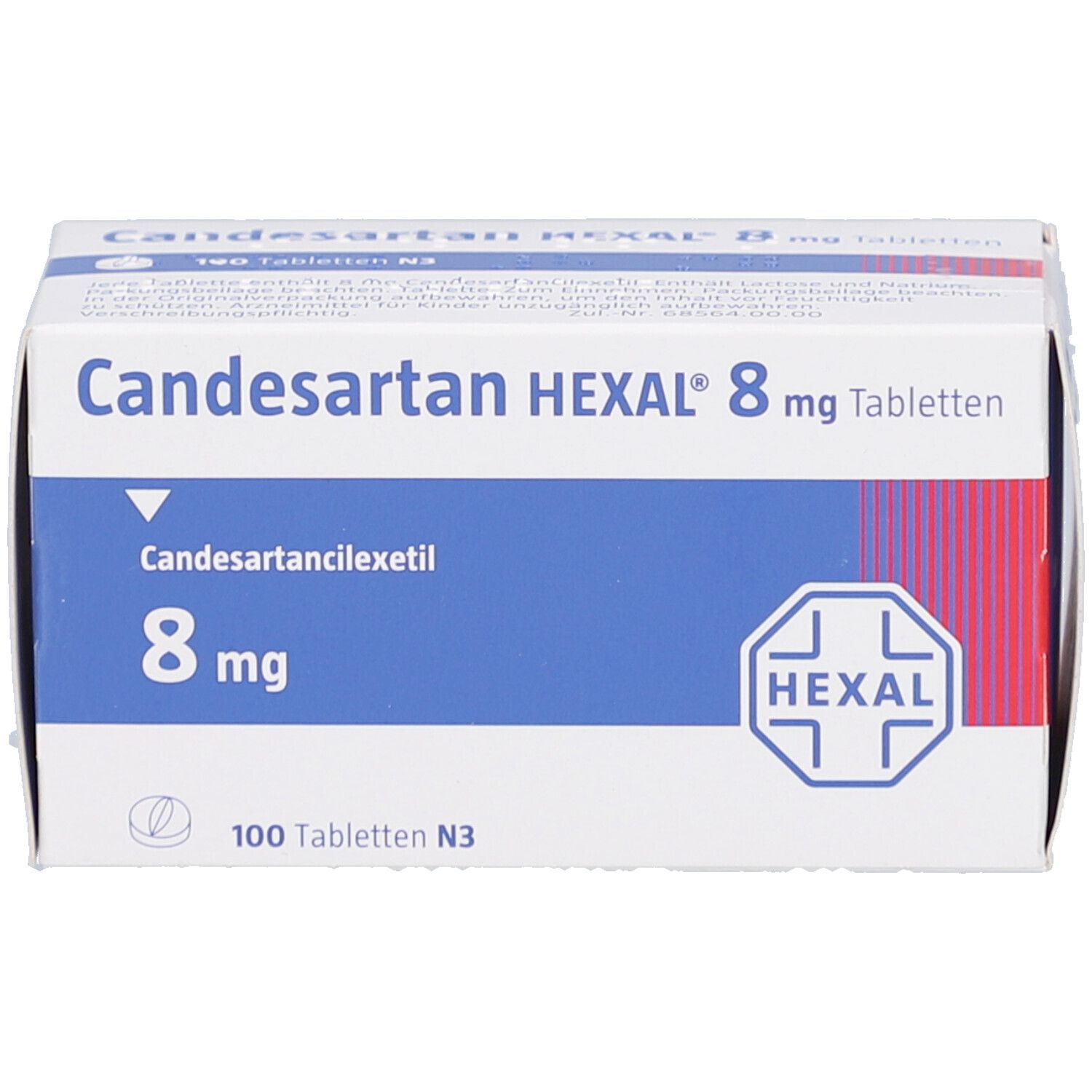 Weiße Schachtel mit blauer Schrift. Aufschrift: Candesartan HEXAL 8 mg Tabletten. Enthält 100 Tabletten. Hexal Logo.