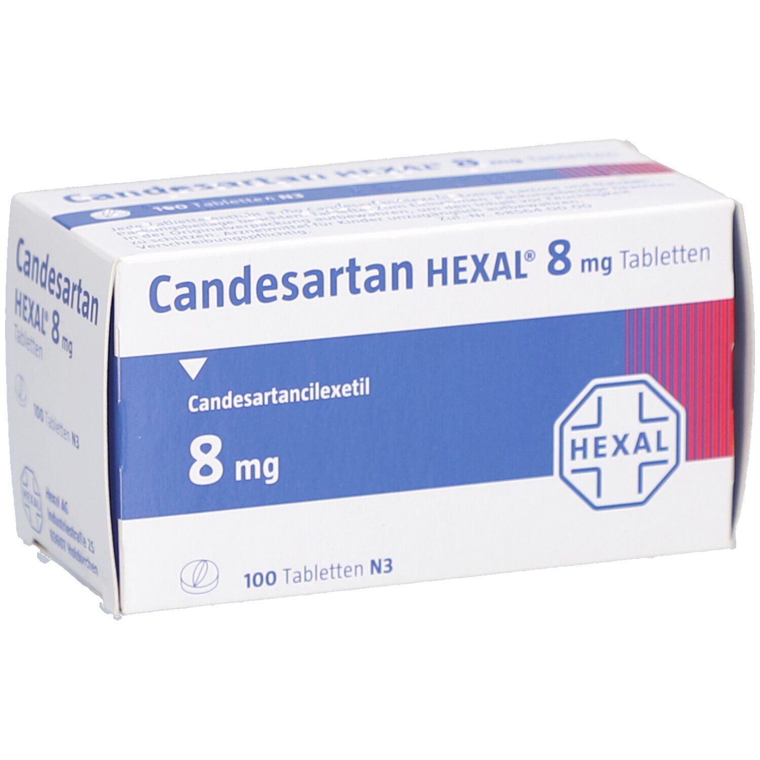 Weiße Schachtel mit blauer Schrift. Aufschrift: Candesartan HEXAL 8 mg Tabletten. Enthält 100 Tabletten. Hexal Logo.