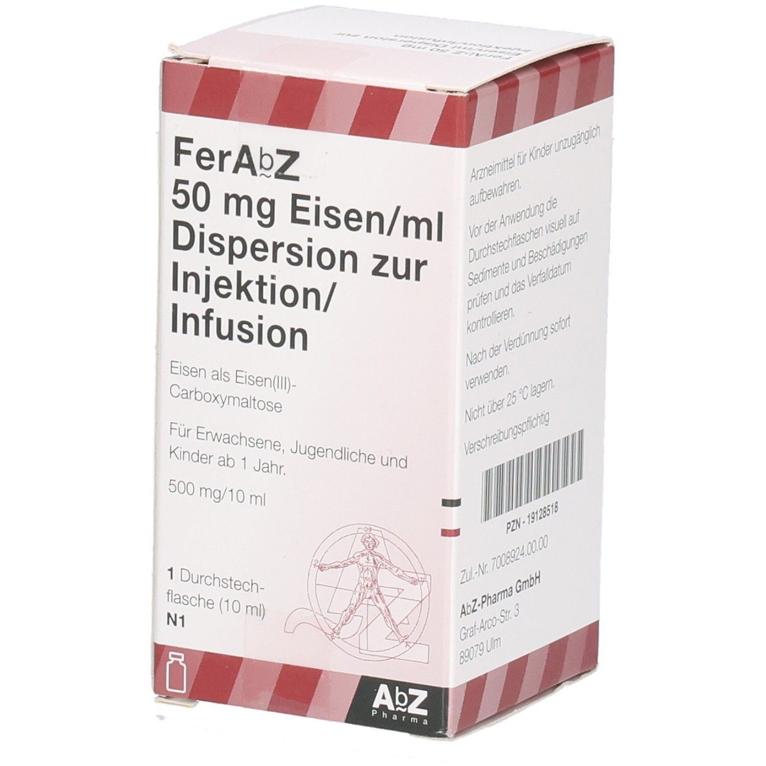 Verpackung von FERABZ 50 mg Eisen/ml Dispers.z.Inj.-/Inf.500mg. Rote und weiße Schachtel mit Produktinformationen und Logo.