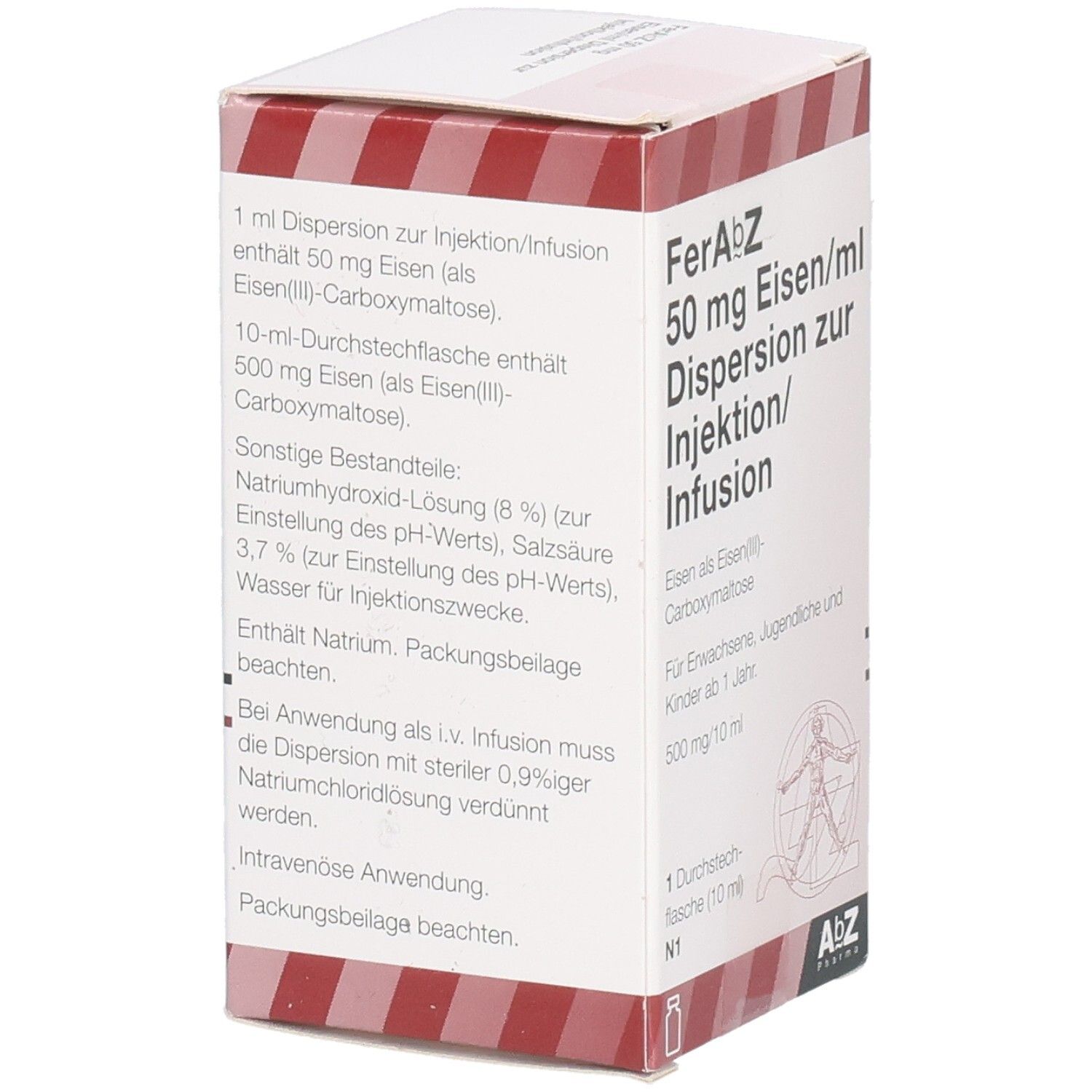 Verpackung von FERABZ 50 mg Eisen/ml Dispers.z.Inj.-/Inf.500mg. Rückseite mit Produktinformationen und Logo.
