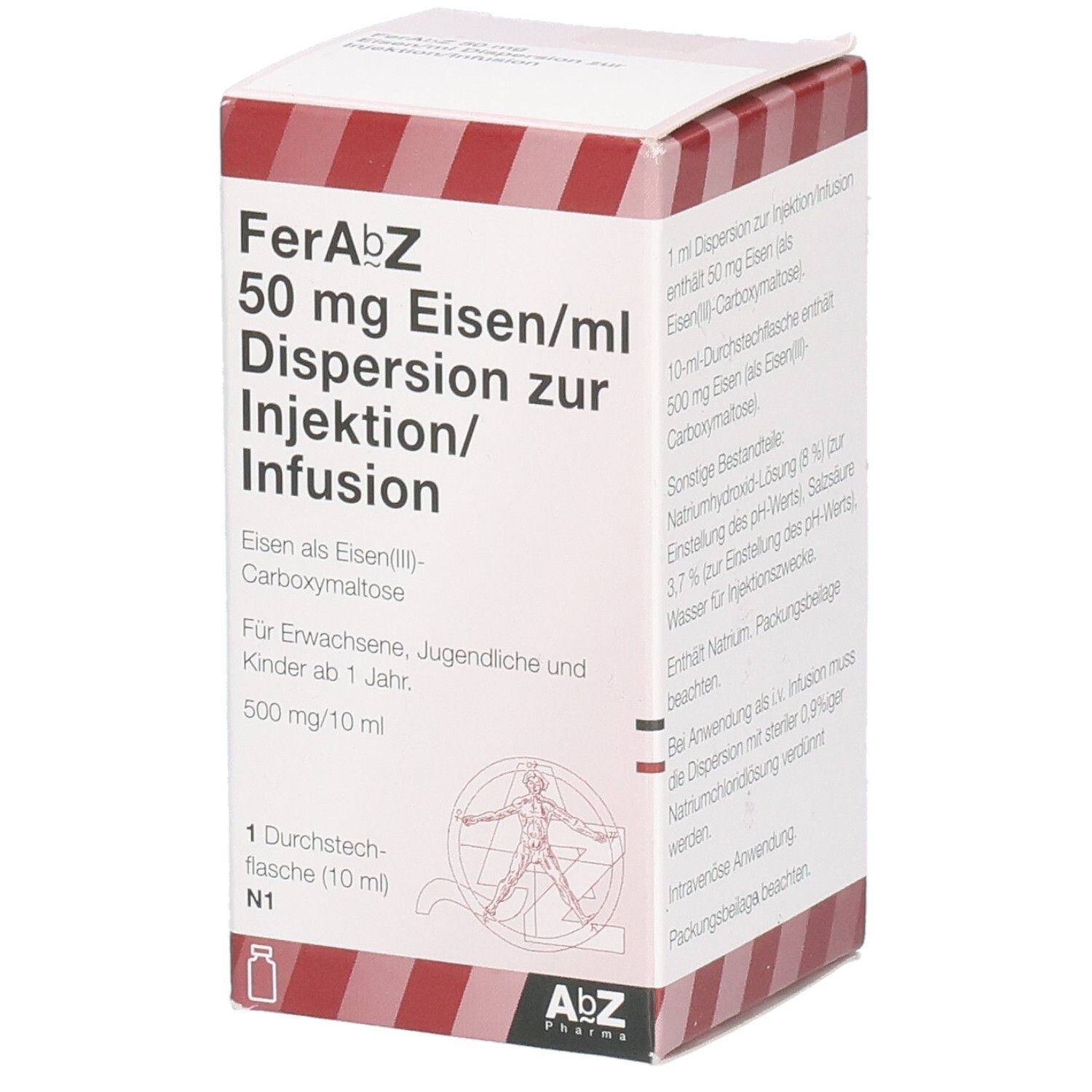 Verpackung von FERABZ 50 mg Eisen/ml Dispers.z.Inj.-/Inf.500mg. Ansicht mit Produktinformationen und Logo.