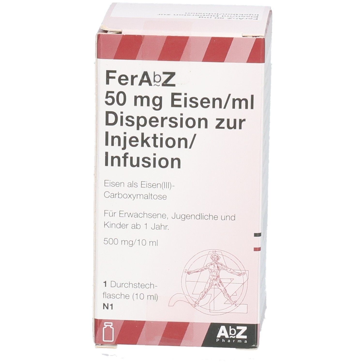 Verpackung von FERABZ 50 mg Eisen/ml Dispers.z.Inj.-/Inf.500mg. Ansicht mit Produktinformationen und Logo.