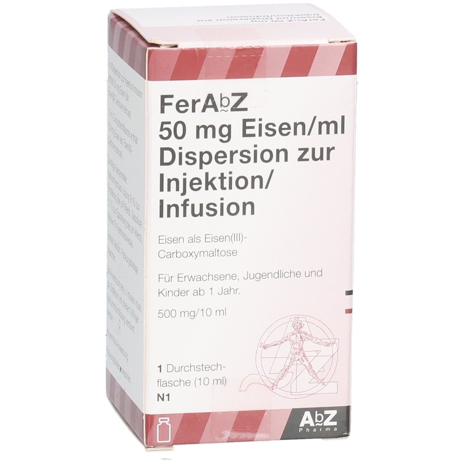 Verpackung von FERABZ 50 mg Eisen/ml Dispers.z.Inj.-/Inf.500mg. Ansicht mit Produktinformationen und Logo.