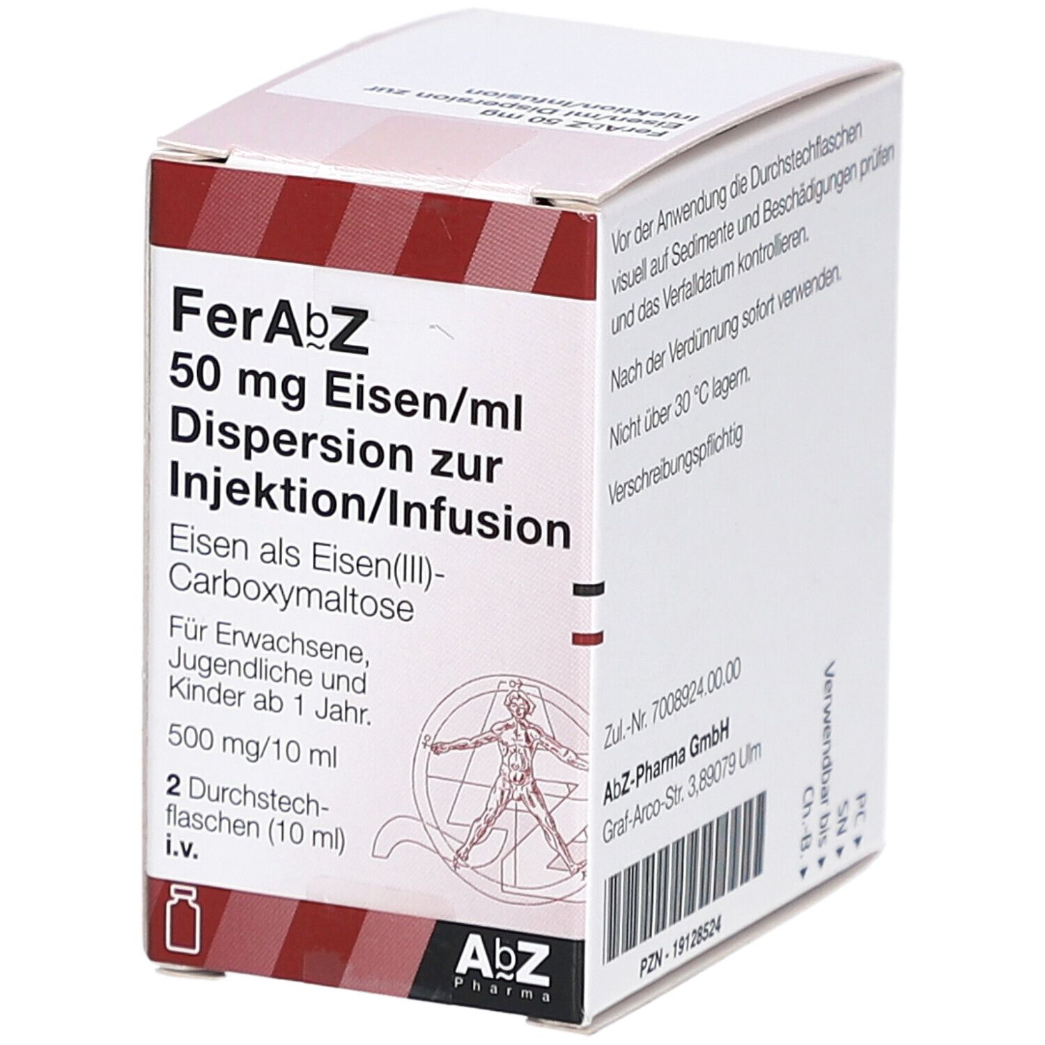 Karton von FerAbZ 50 mg Eisen/ml. Aufschrift: Dispersion zur Injektion/Infusion. Enthält Eisen(III)-Carboxymaltose. AbZ Pharma Logo.