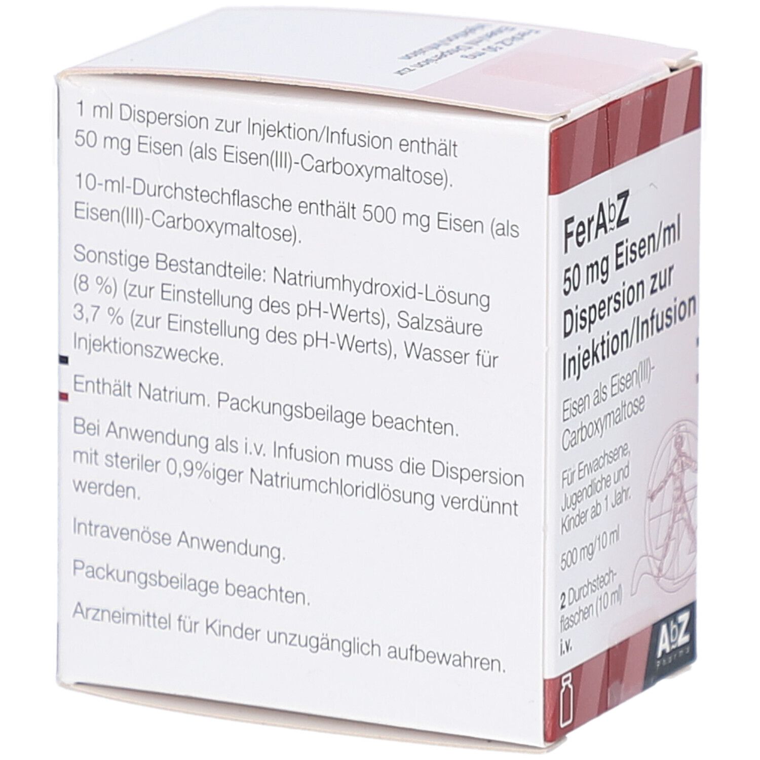 Karton von FerAbZ 50 mg Eisen/ml. Text über Inhaltsstoffe und Anwendung. AbZ Pharma Logo. Enthält 2 Durchstechflaschen.