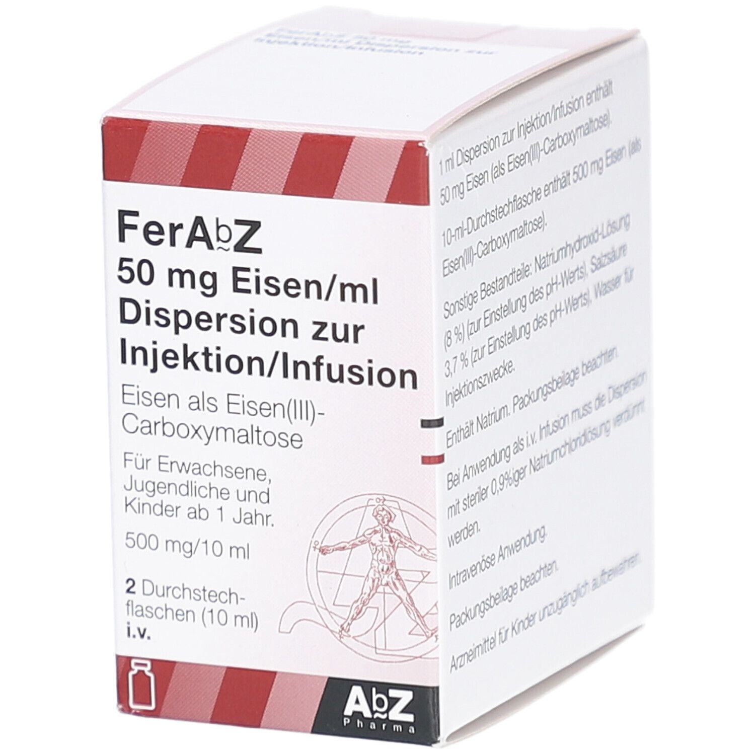 Karton von FerAbZ 50 mg Eisen/ml. Aufschrift: Dispersion zur Injektion/Infusion. Enthält Eisen(III)-Carboxymaltose. AbZ Pharma Logo.