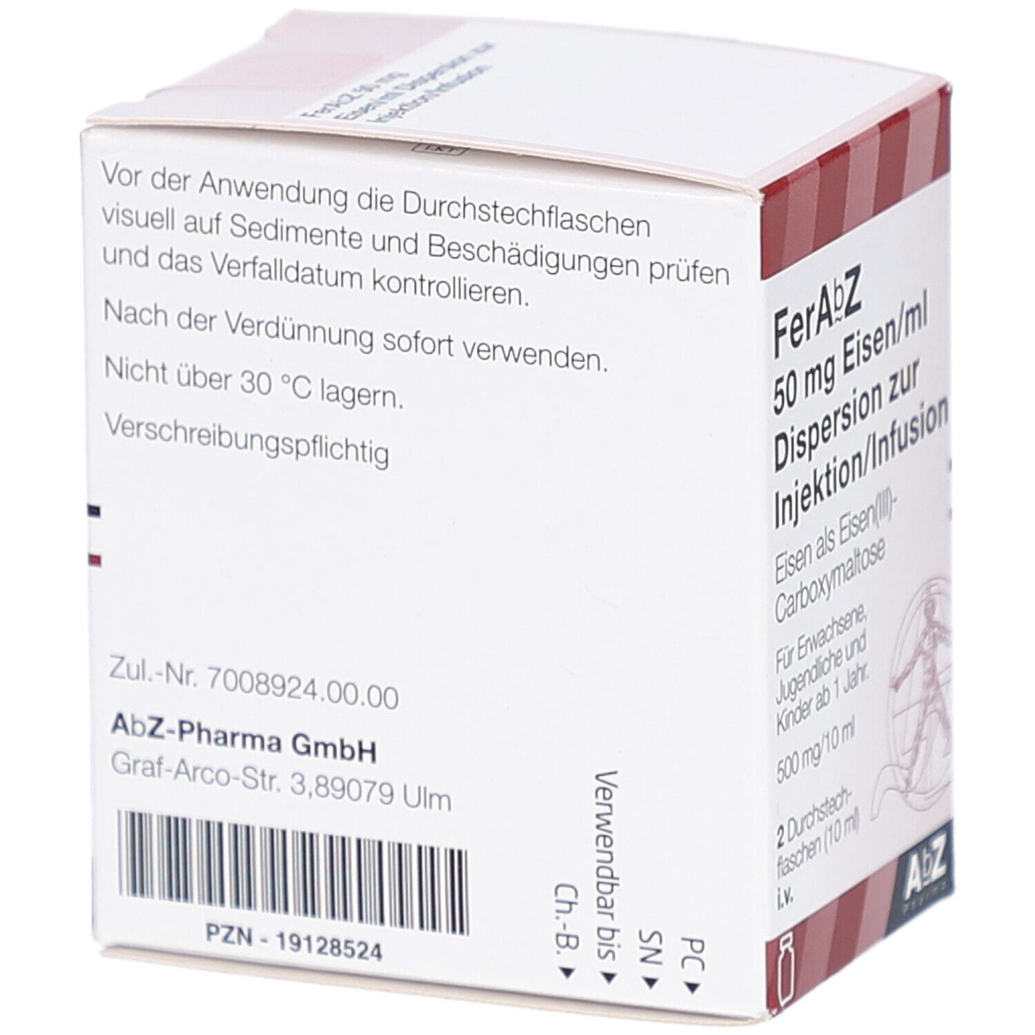 Karton von FerAbZ 50 mg Eisen/ml. Text über Anwendung und Haltbarkeit. AbZ Pharma Logo. Chargennummer.