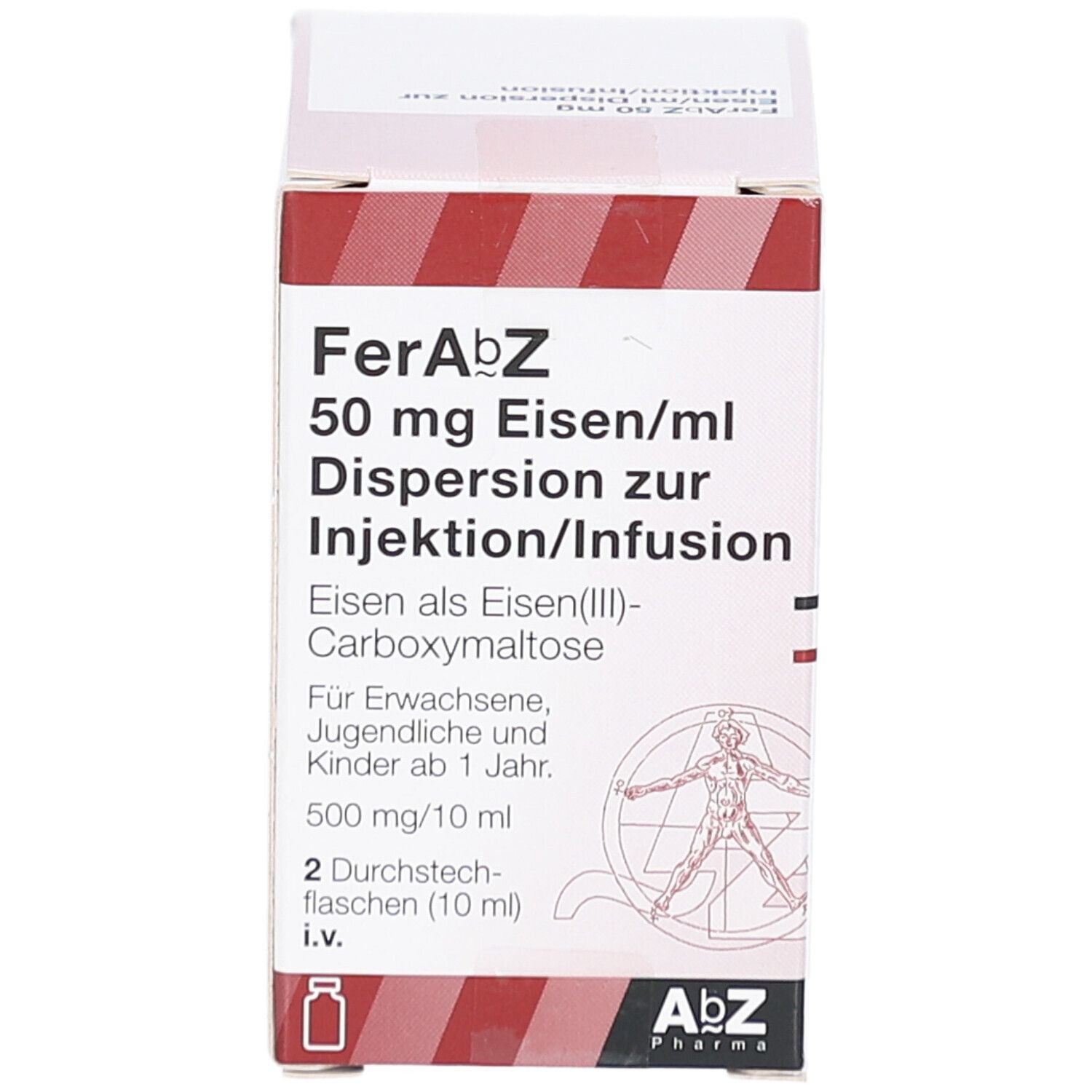 Karton von FerAbZ 50 mg Eisen/ml. Aufschrift: Dispersion zur Injektion/Infusion. Enthält Eisen(III)-Carboxymaltose. AbZ Pharma Logo.
