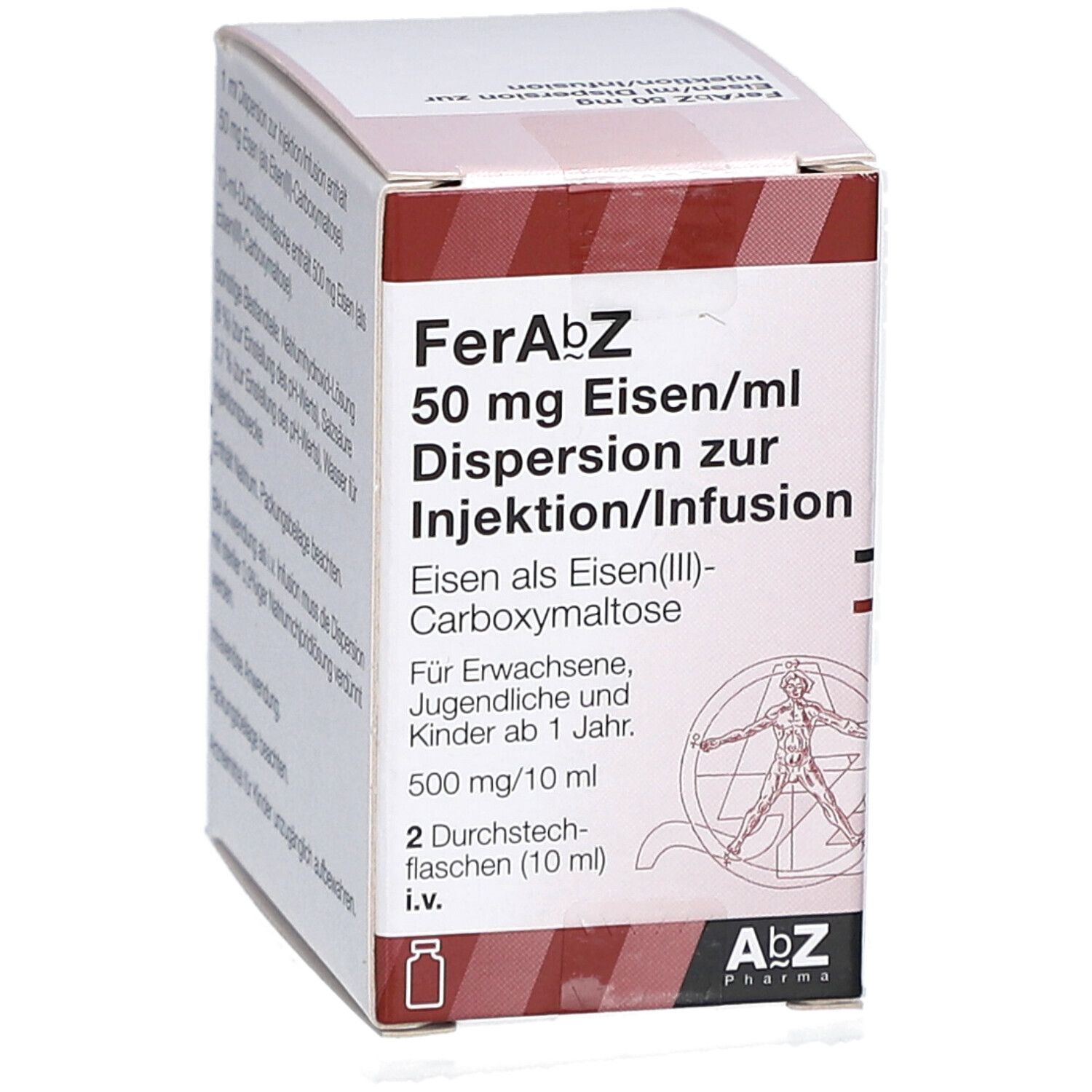 Karton von FerAbZ 50 mg Eisen/ml. Aufschrift: Dispersion zur Injektion/Infusion. Enthält Eisen(III)-Carboxymaltose. AbZ Pharma Logo.