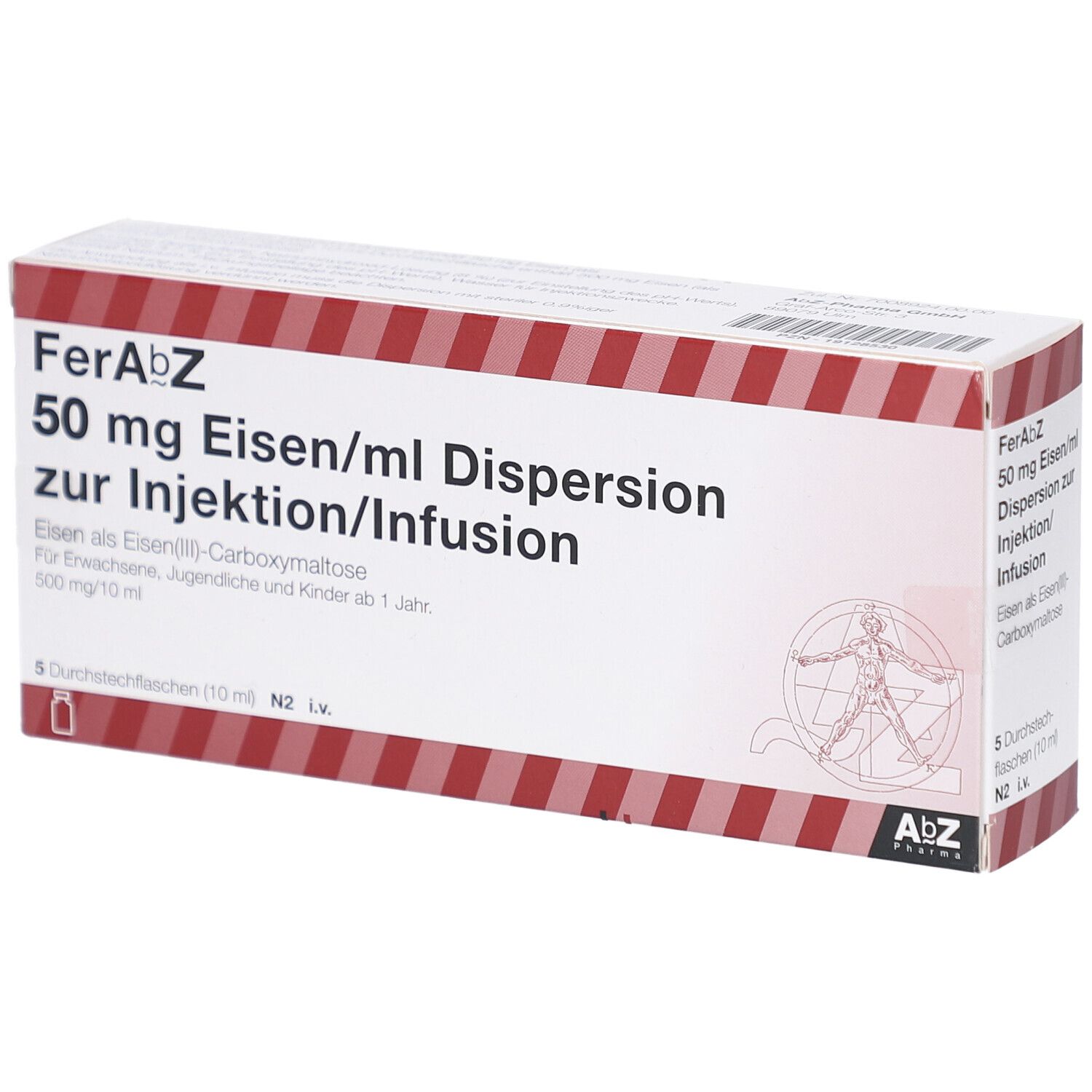 Verpackung von FerAbZ, 50 mg Eisen/ml Dispersion zur Injektion/Infusion. Enthält 5 Durchstechflaschen.