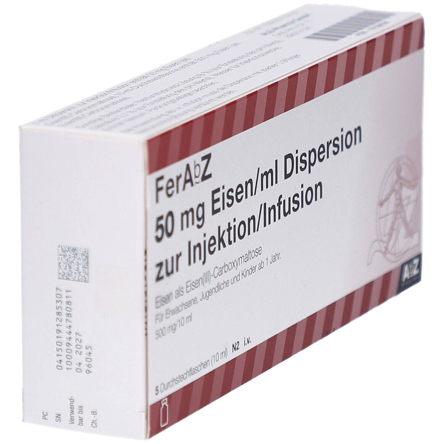 Schrägansicht der FerAbZ-Verpackung. Aufschrift: 50 mg Eisen/ml Dispersion zur Injektion/Infusion.