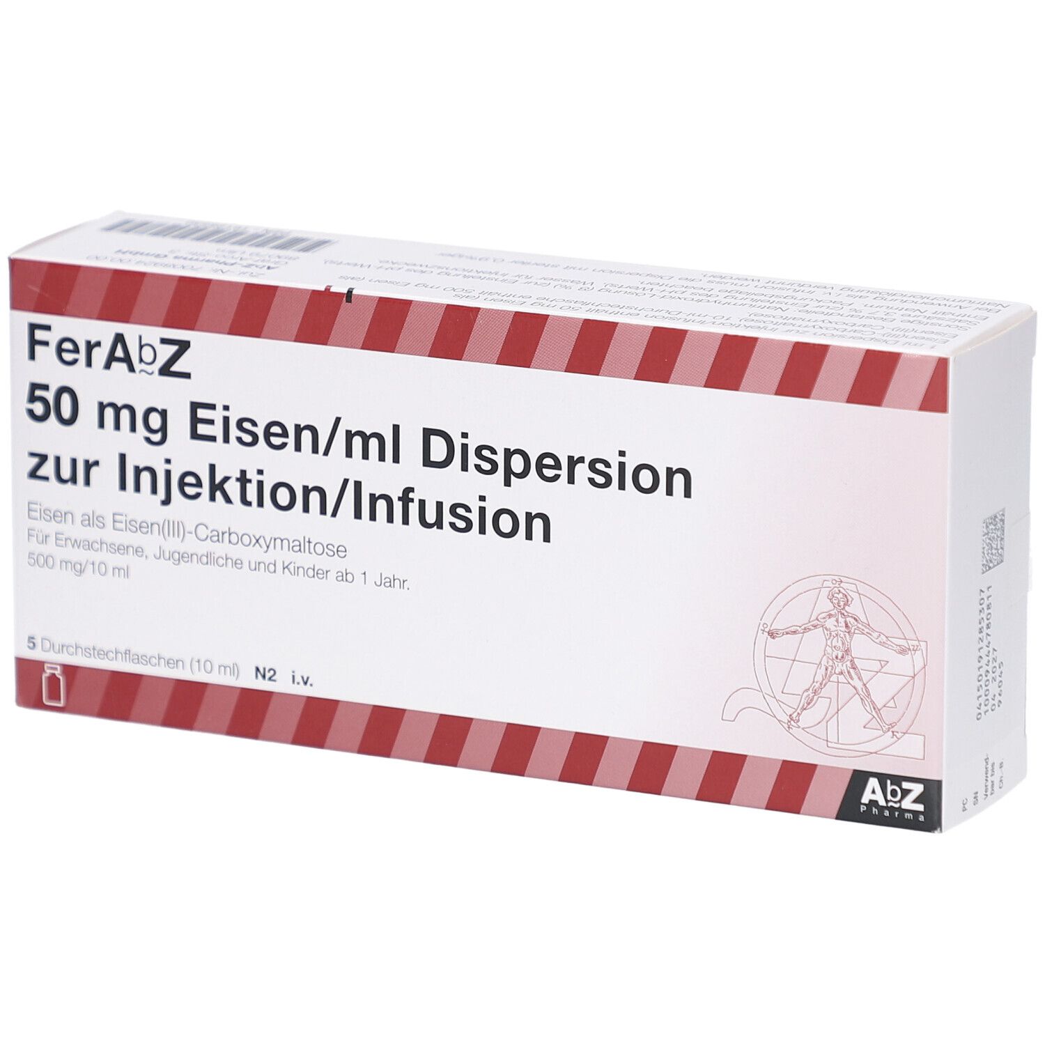 Verpackung von FerAbZ, 50 mg Eisen/ml Dispersion zur Injektion/Infusion. 5 Durchstechflaschen.