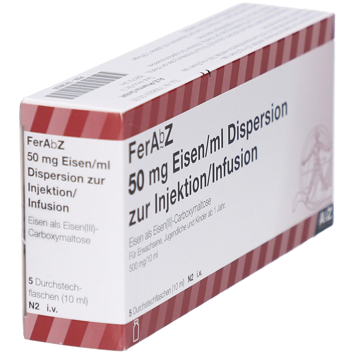 Schrägansicht der FerAbZ-Verpackung. Aufschrift: 50 mg Eisen/ml Dispersion zur Injektion/Infusion.