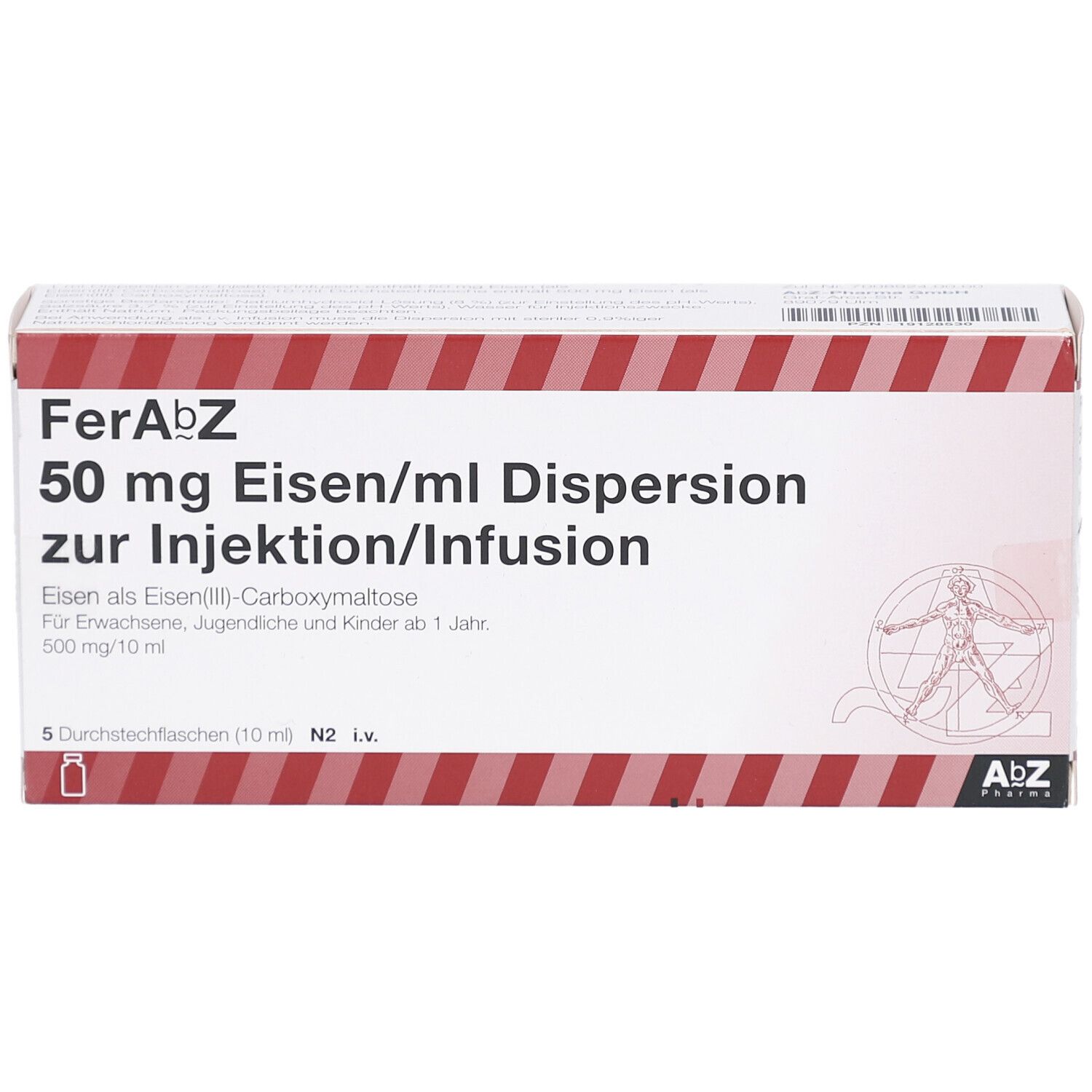 Verpackung von FerAbZ, 50 mg Eisen/ml Dispersion zur Injektion/Infusion. 5 Durchstechflaschen.
