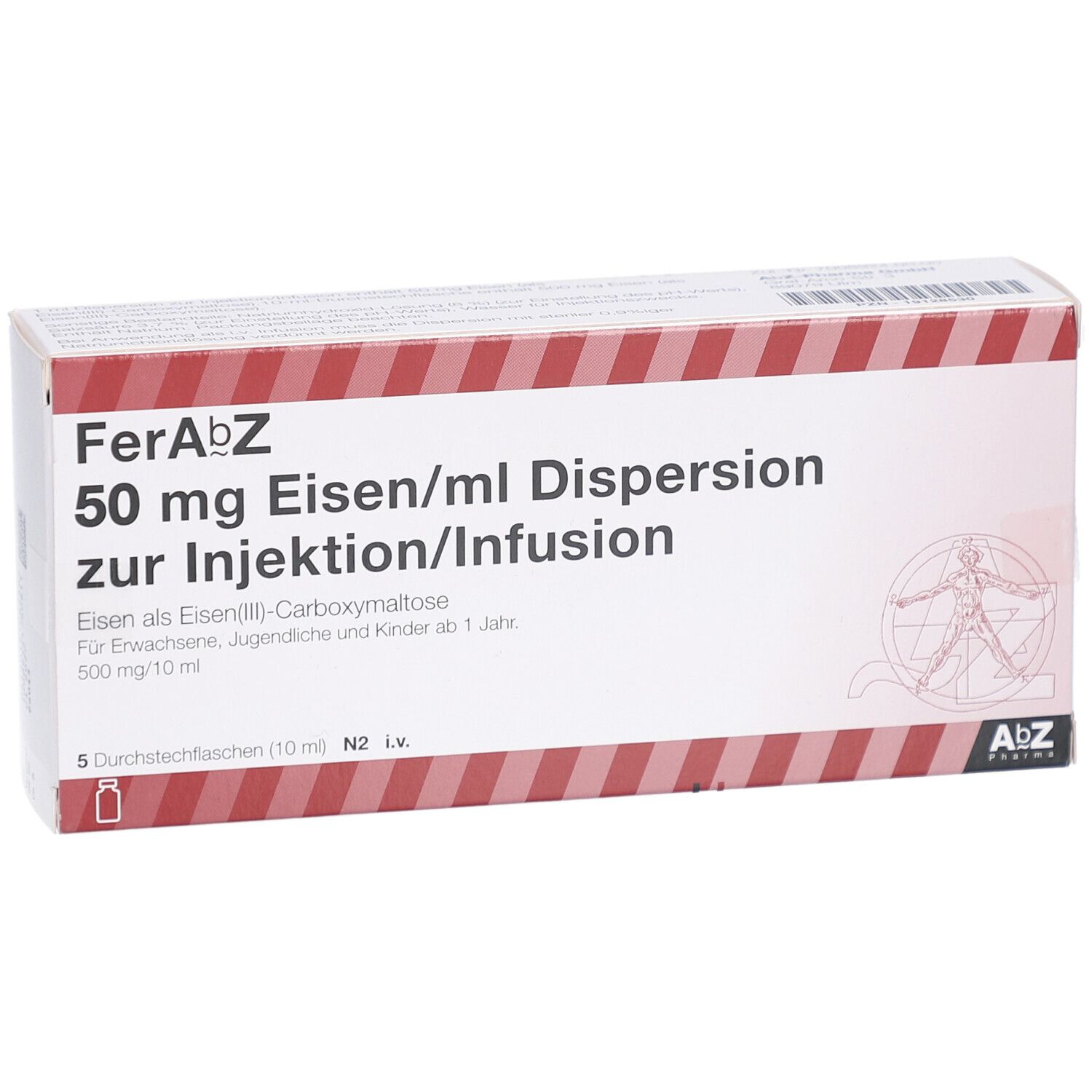 Verpackung von FerAbZ, 50 mg Eisen/ml Dispersion zur Injektion/Infusion. 5 Durchstechflaschen.