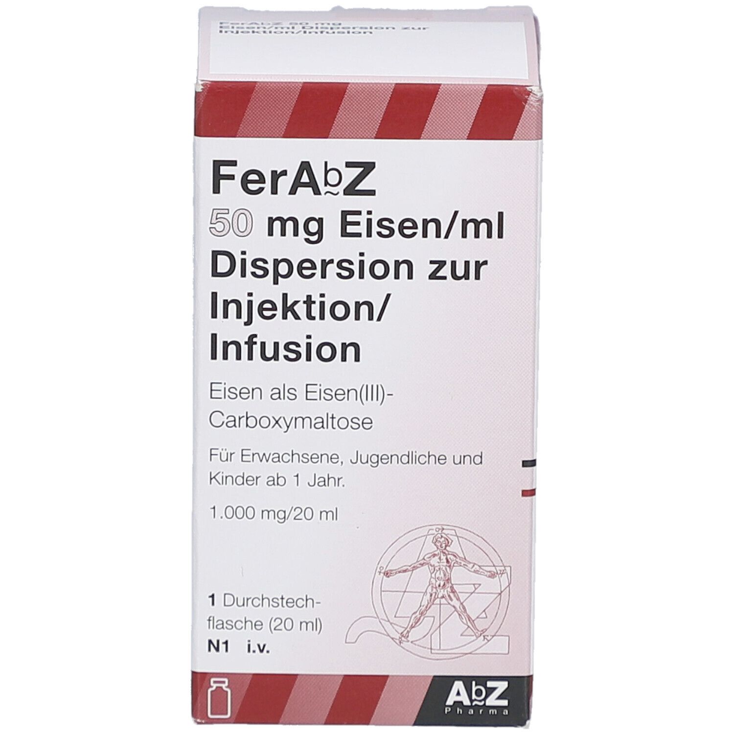 Karton mit Aufschrift FerAbZ 50 mg Eisen/ml. Dispersion zur Injektion/Infusion. Enthält Eisen. AbZ Pharma Logo.