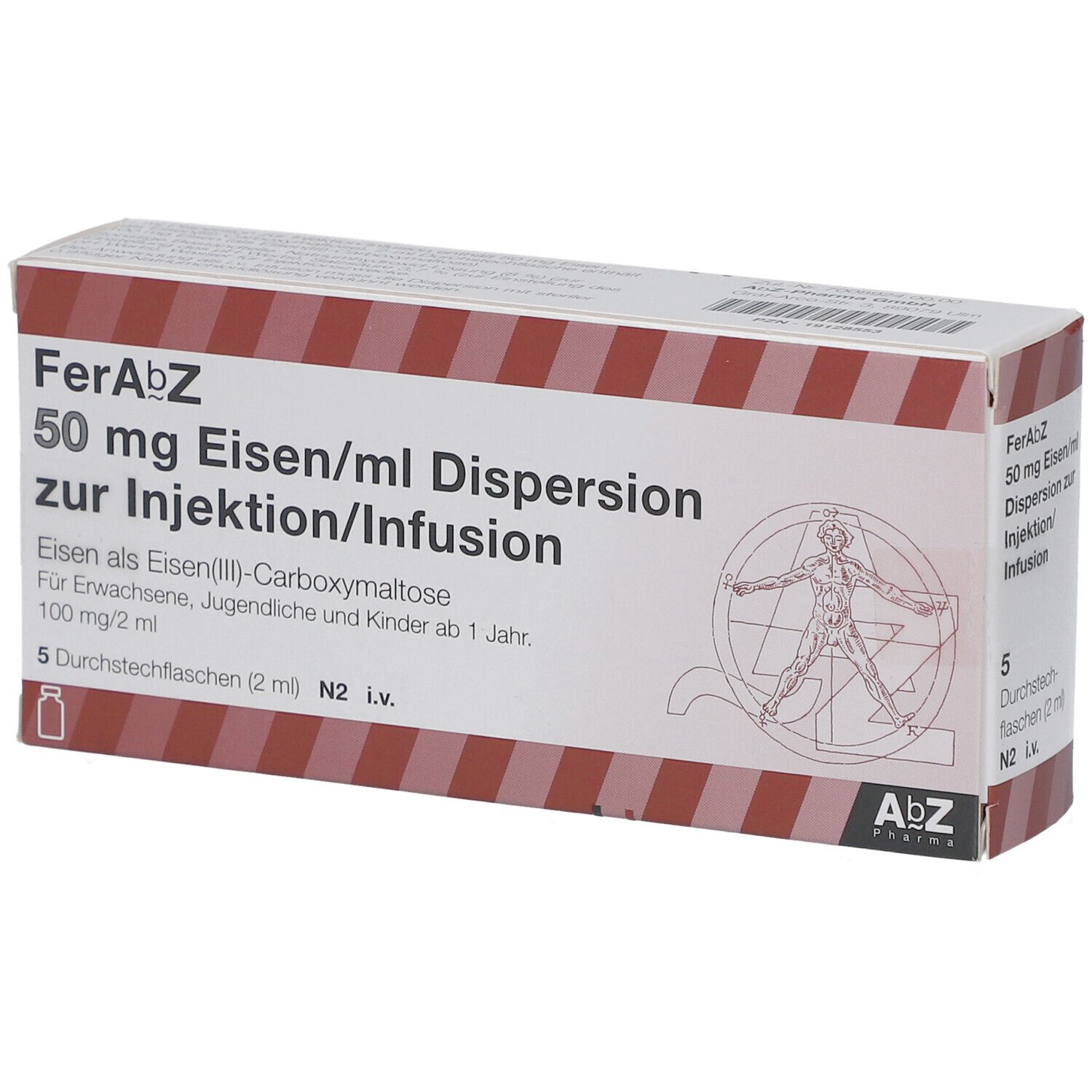 Verpackung von FerAbZ, 50 mg Eisen/ml Dispersion zur Injektion/Infusion. 5 Durchstechflaschen. ABZ Pharma Logo.