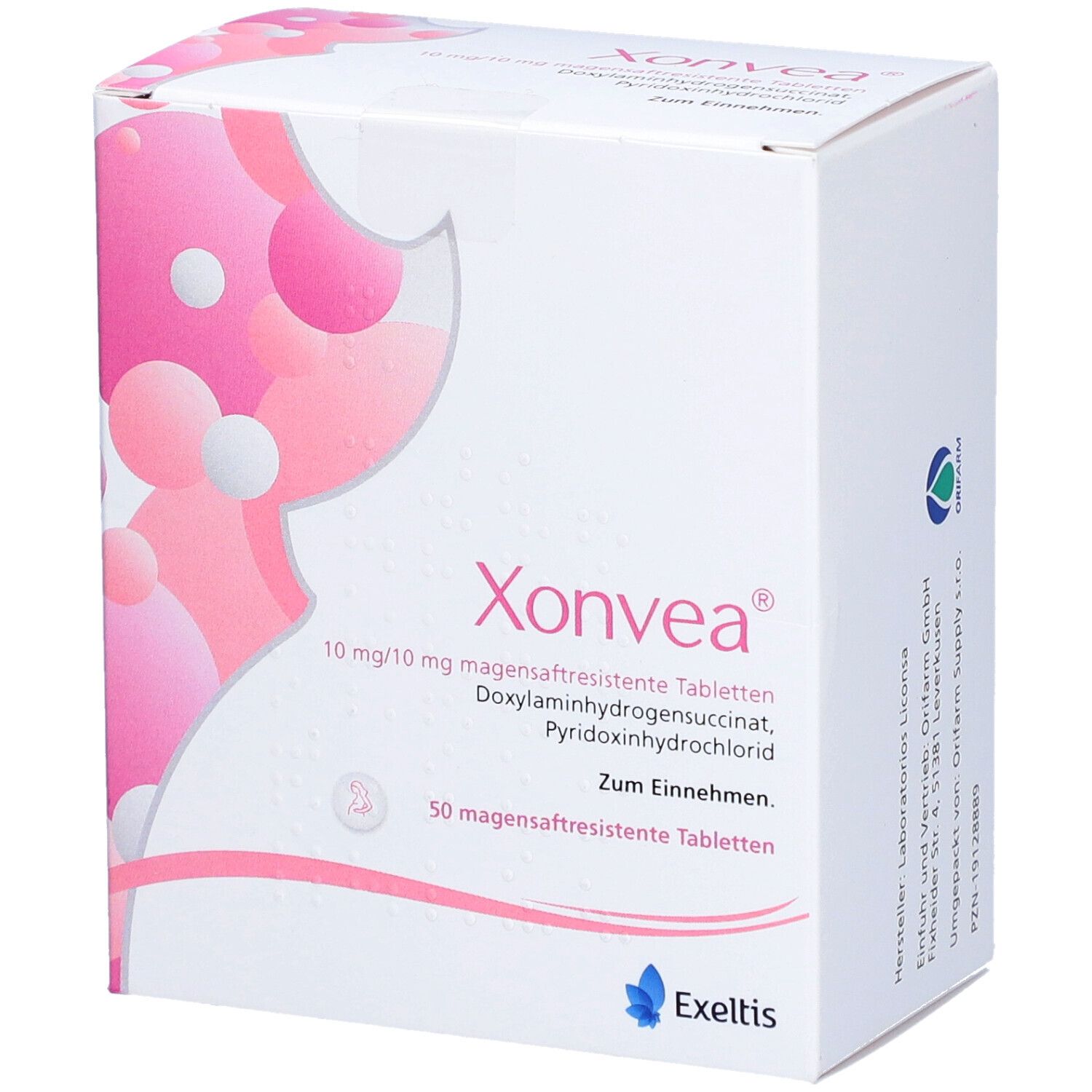 Weiße Schachtel mit rosa Design. Aufschrift: Xonvea, 10 mg/10 mg magensaftresistente Tabletten. 50 Tabletten.