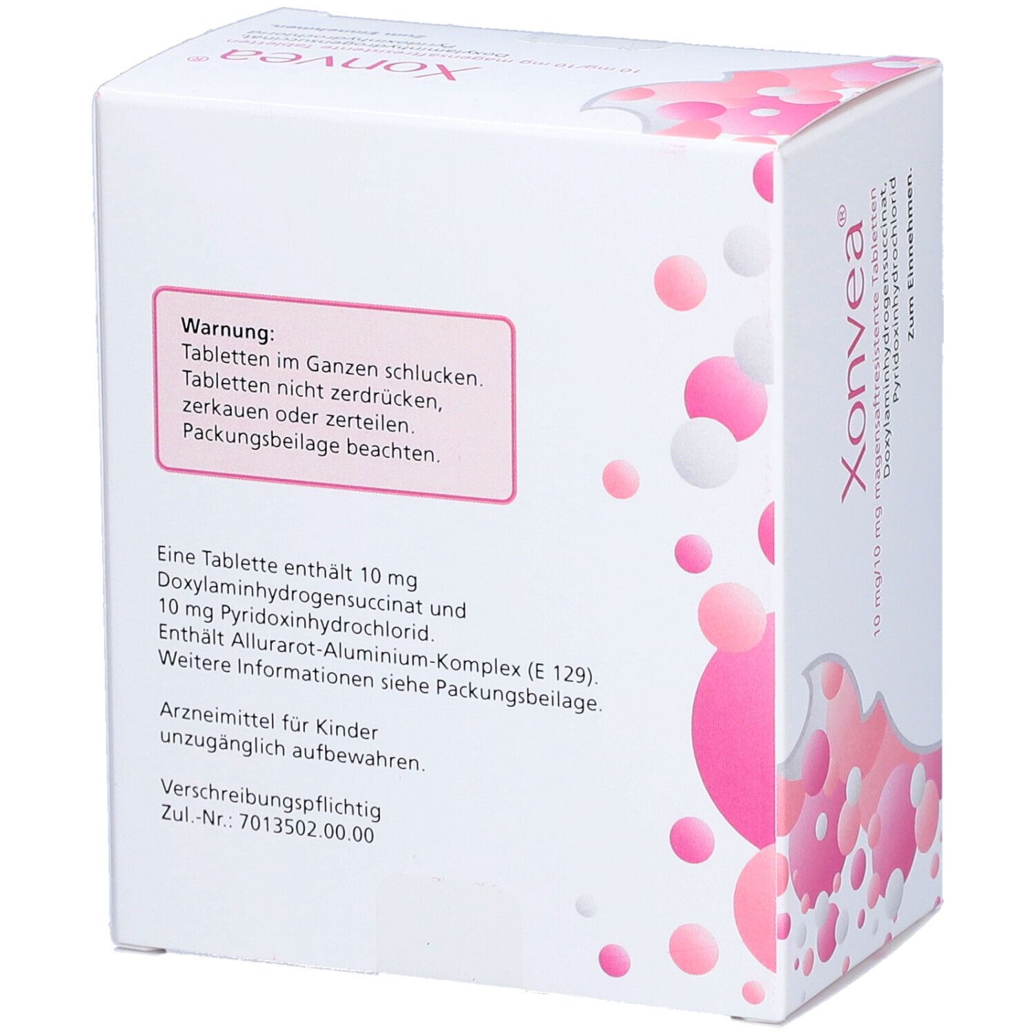 Rückseite der weißen Schachtel. Text: Warnung, eine Tablette enthält 10 mg Doxylaminhydrogensuccinat und 10 mg Pyridoxinhydrochlorid.