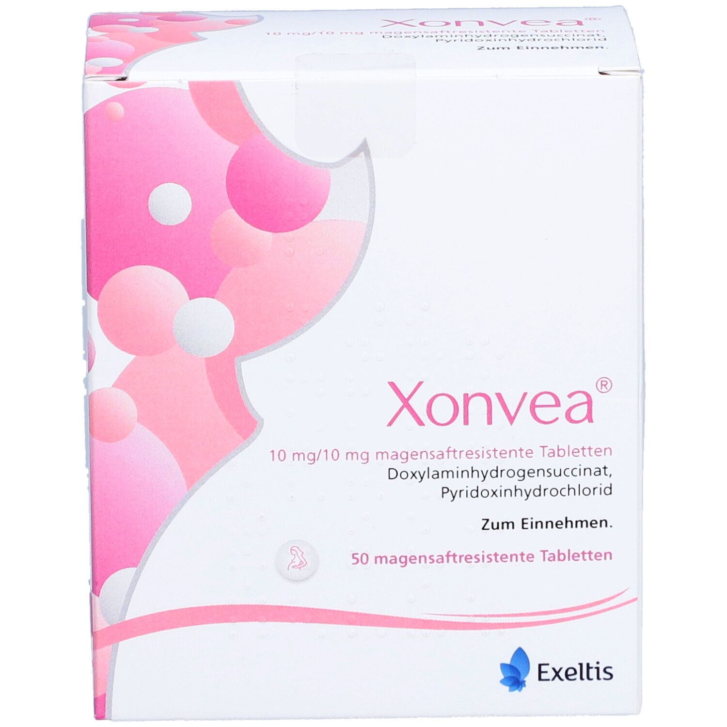 Weiße Schachtel mit rosa Design. Aufschrift: Xonvea, 10 mg/10 mg magensaftresistente Tabletten. 50 Tabletten.