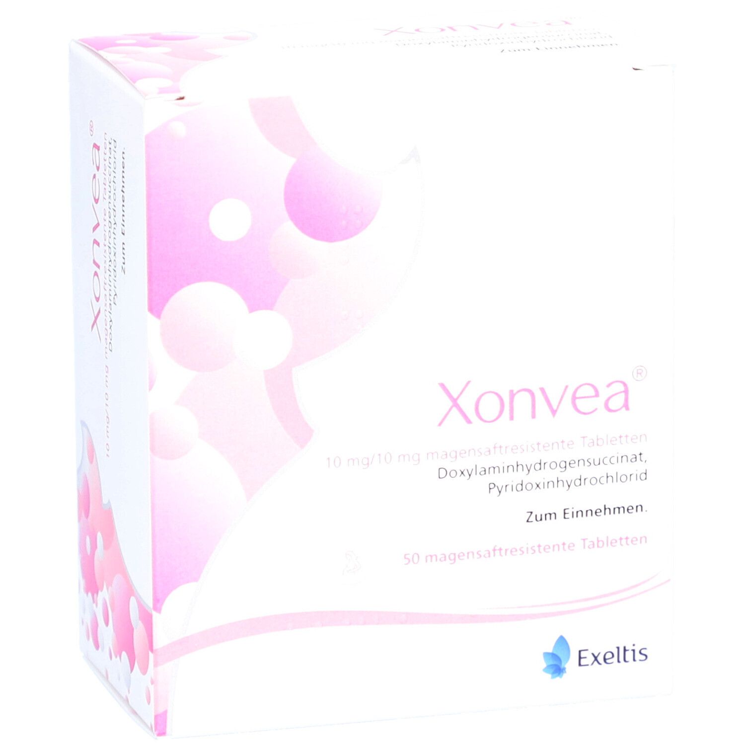 Weiße Schachtel mit rosa Design. Aufschrift: Xonvea, 10 mg/10 mg magensaftresistente Tabletten. Zum Einnehmen. Exeltis Logo.
