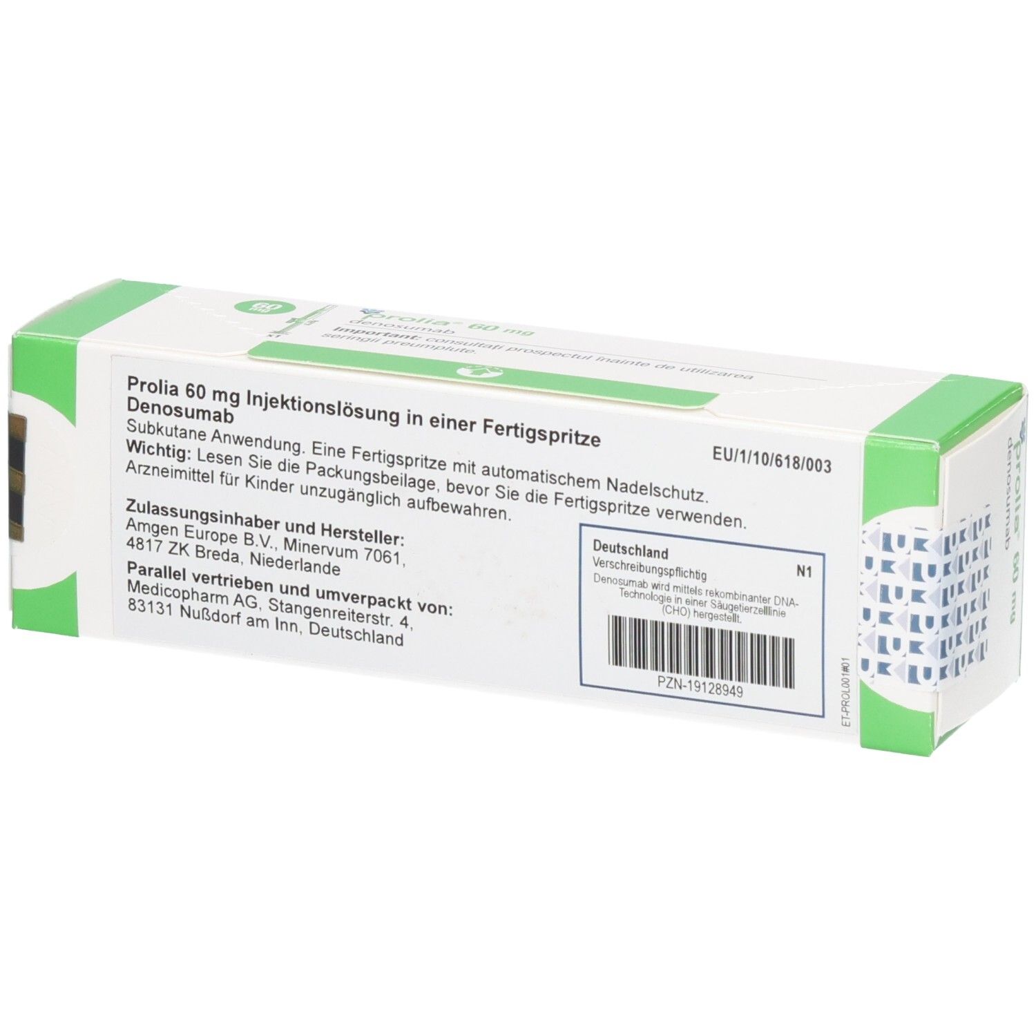 PROLIA 60 mg Injektionslösung in Fertigspritze. Denosumab. Mit automatischem Nadelschutz.