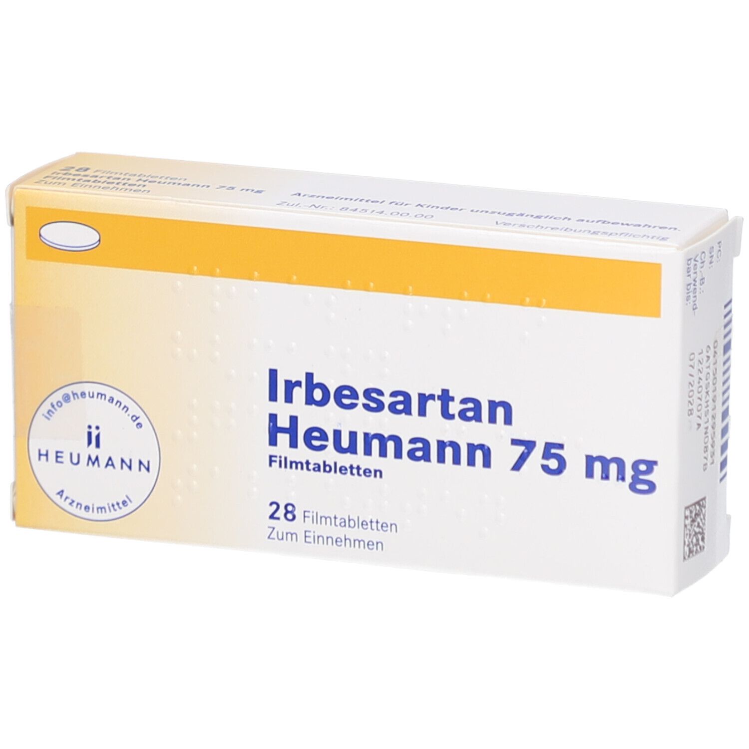 Schachtel mit Aufschrift Irbesartan Heumann 75 mg. Enthält 28 Filmtabletten. Marke Heumann.