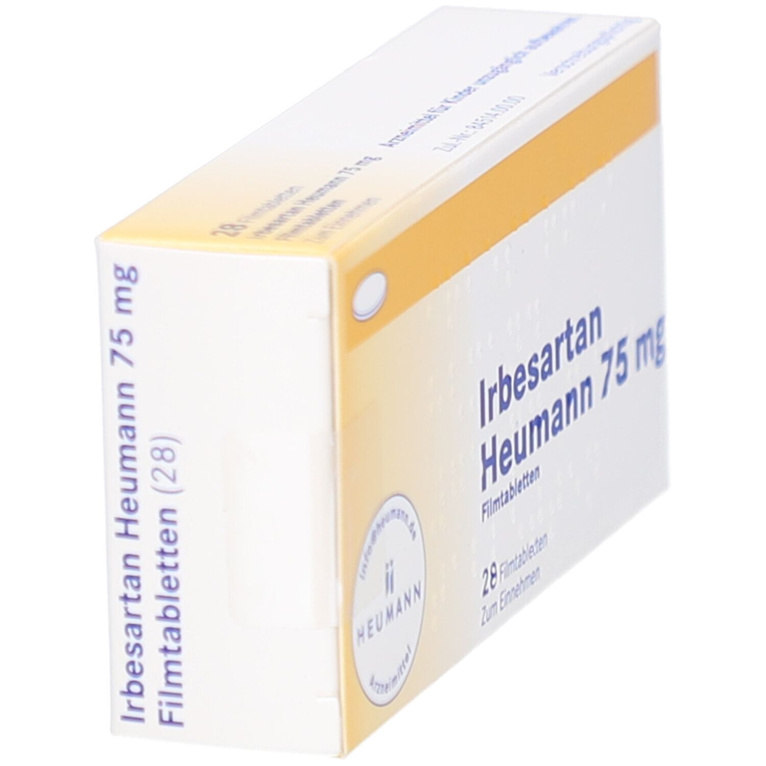 Schachtel Irbesartan Heumann 75 mg, schräg von oben. Enthält 28 Filmtabletten. Marke Heumann.