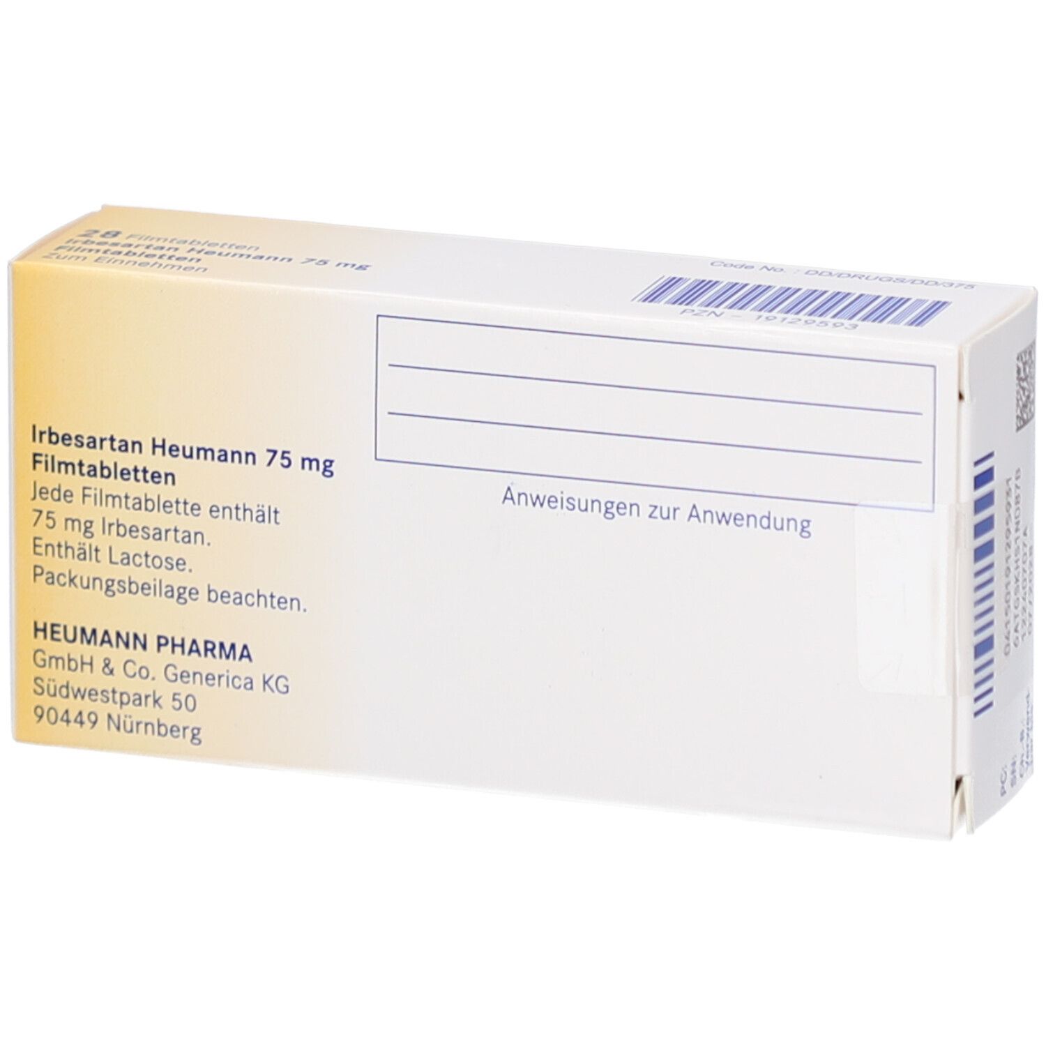 Rückseite der Schachtel Irbesartan Heumann 75 mg. Enthält Informationen und Barcode. Marke Heumann.