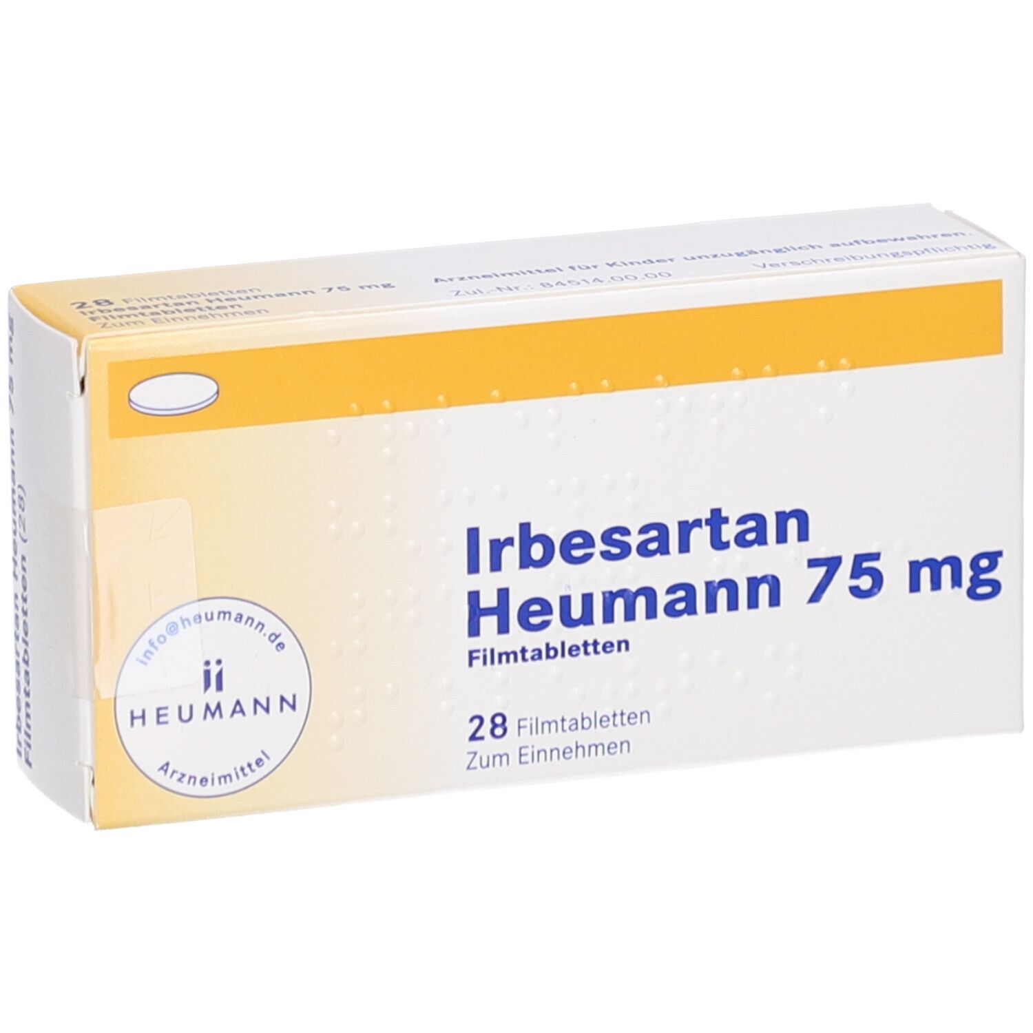 Schachtel Irbesartan Heumann 75 mg. Enthält 28 Filmtabletten. Marke Heumann.