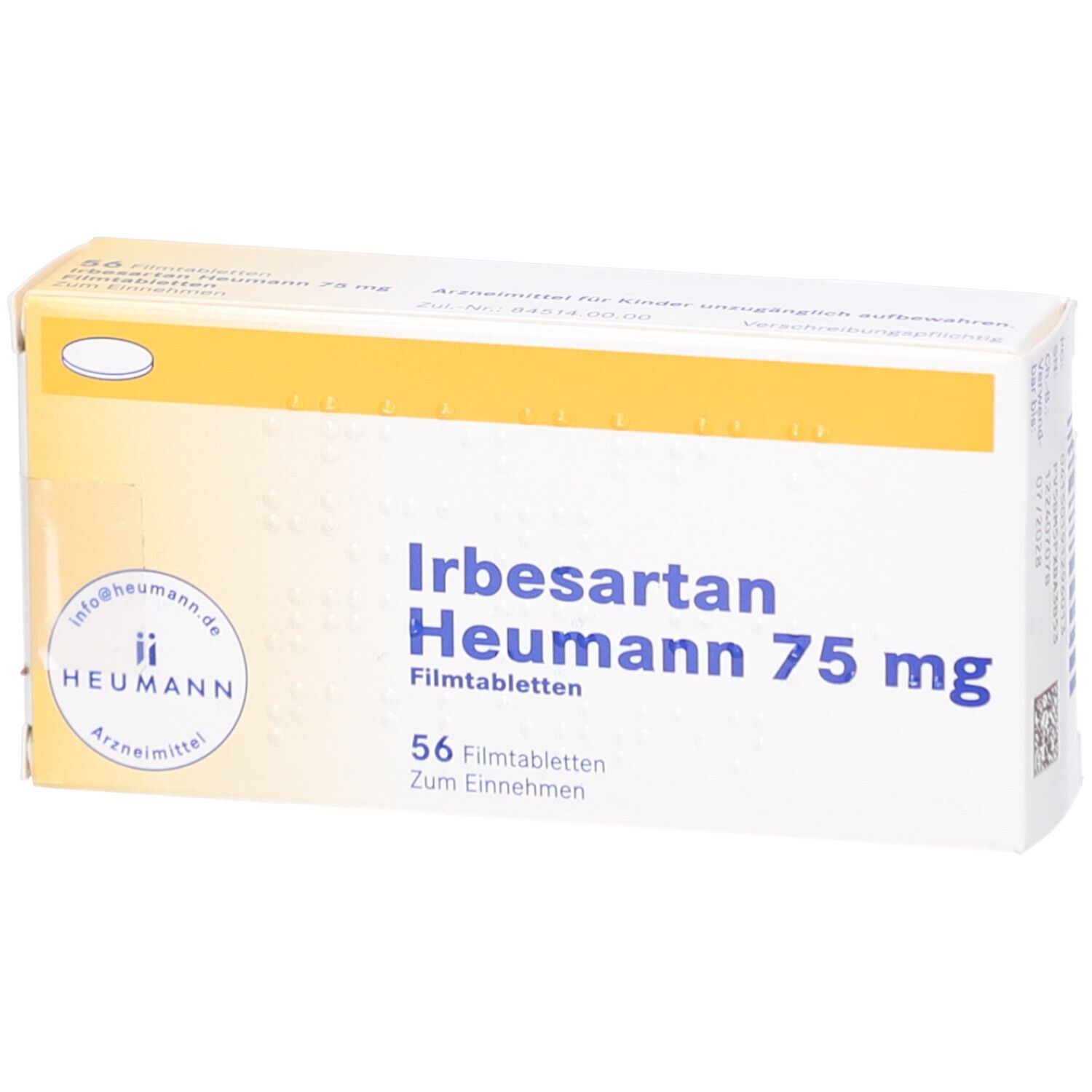 Schachtel mit IRBESARTAN Heumann 75 mg Filmtabletten. Aufschrift: 56 Filmtabletten. Gelb-weiße Verpackung.