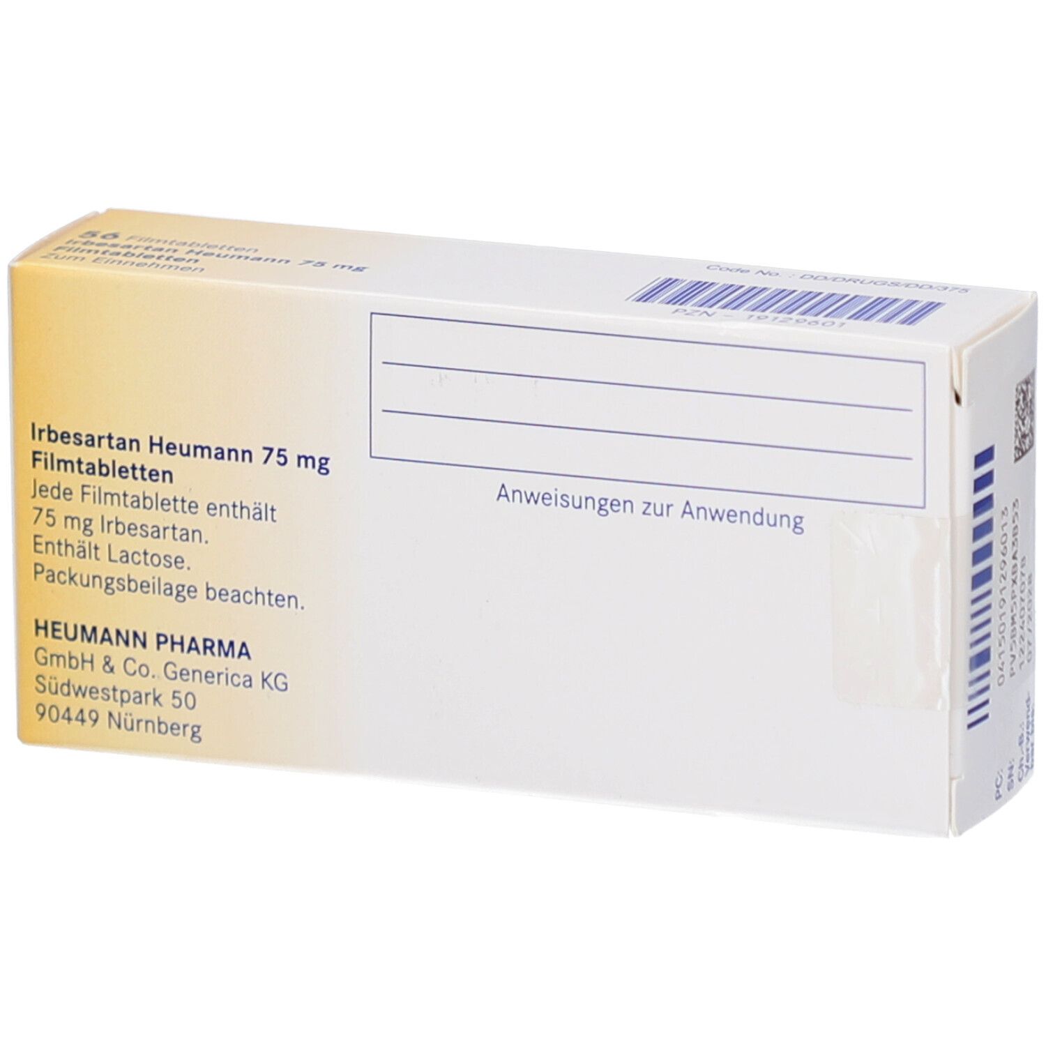 Rückseite der Schachtel IRBESARTAN Heumann 75 mg Filmtabletten. Enthält Informationen und Anweisungen. Weiß mit gelbem Streifen.