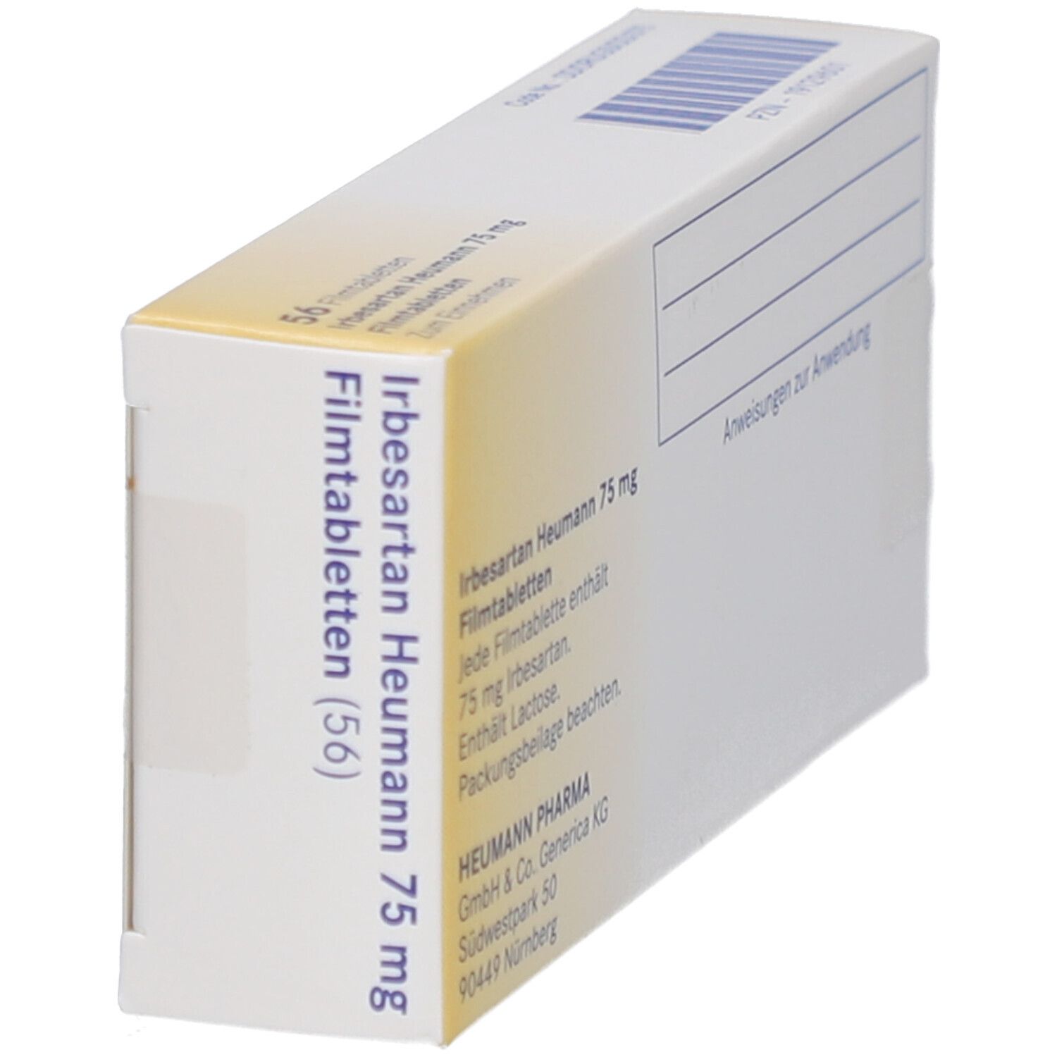Schachtel IRBESARTAN Heumann 75 mg Filmtabletten. Seitenansicht mit Informationen. Weiß mit gelbem Streifen.