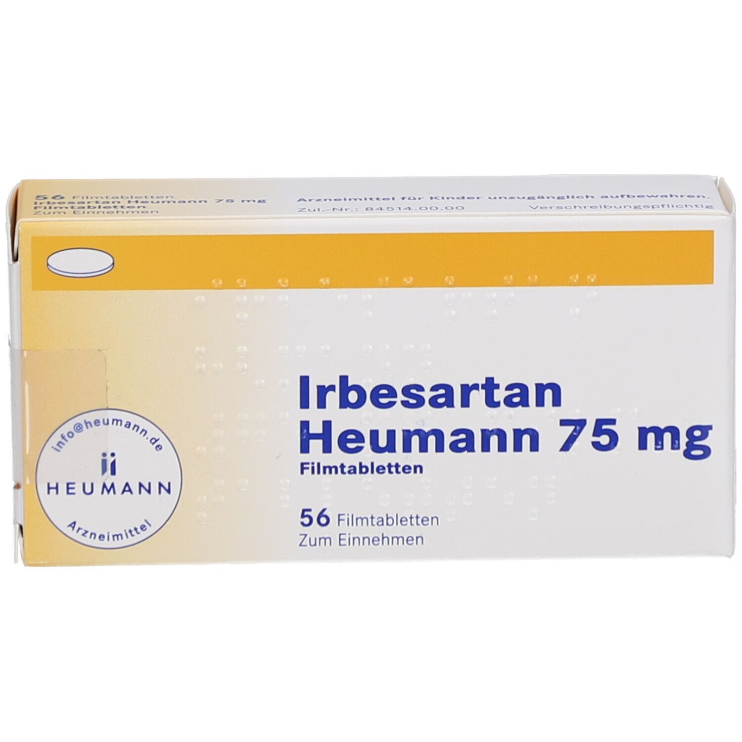 Schachtel IRBESARTAN Heumann 75 mg Filmtabletten. Vorderansicht. Aufschrift: 56 Filmtabletten. Gelb-weiße Verpackung.
