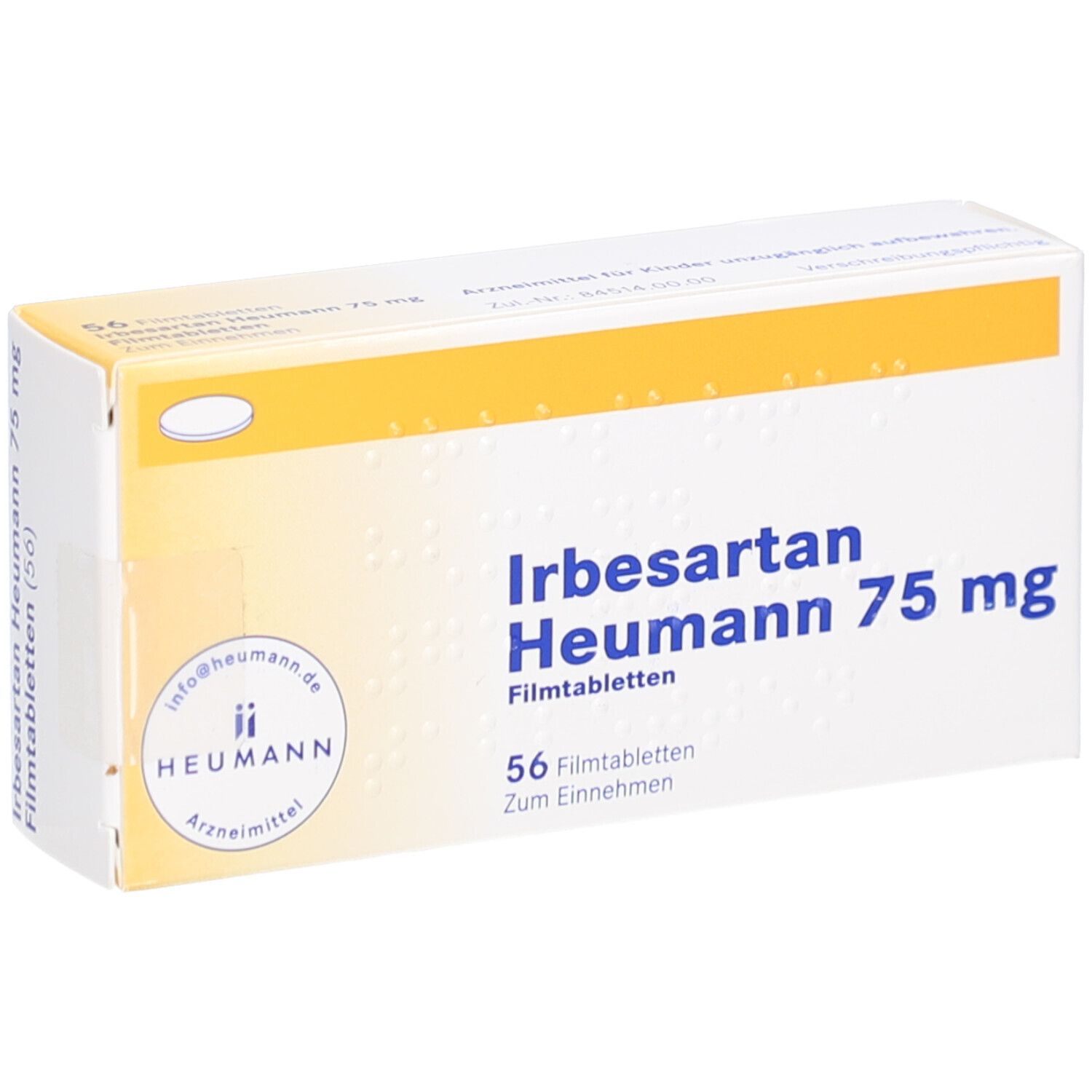 Schachtel IRBESARTAN Heumann 75 mg Filmtabletten. Vorderansicht. Aufschrift: 56 Filmtabletten. Gelb-weiße Verpackung.