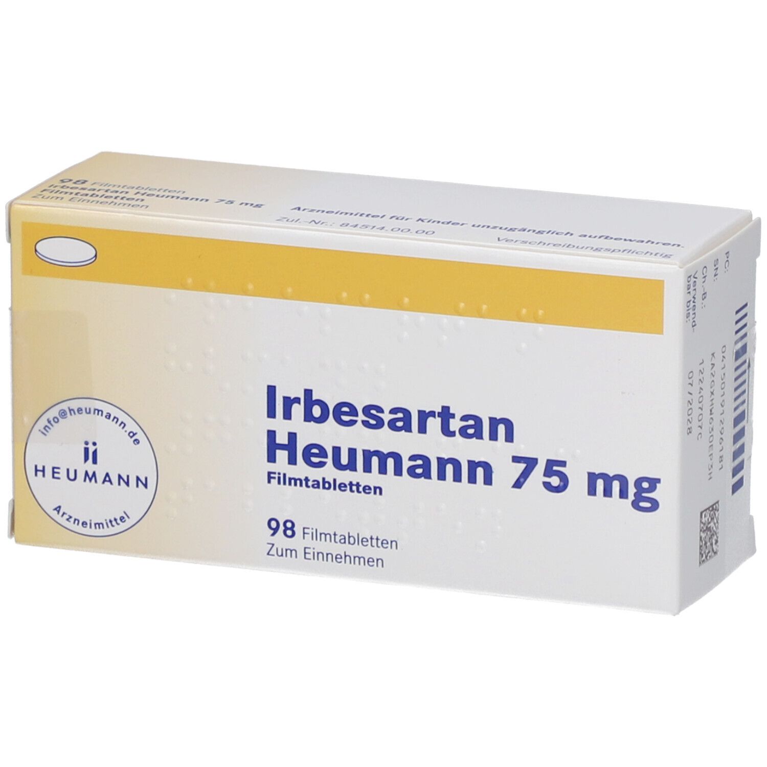Schachtel mit "Irbesartan Heumann 75 mg". 98 Filmtabletten. Gelb-weiße Verpackung mit Logo.