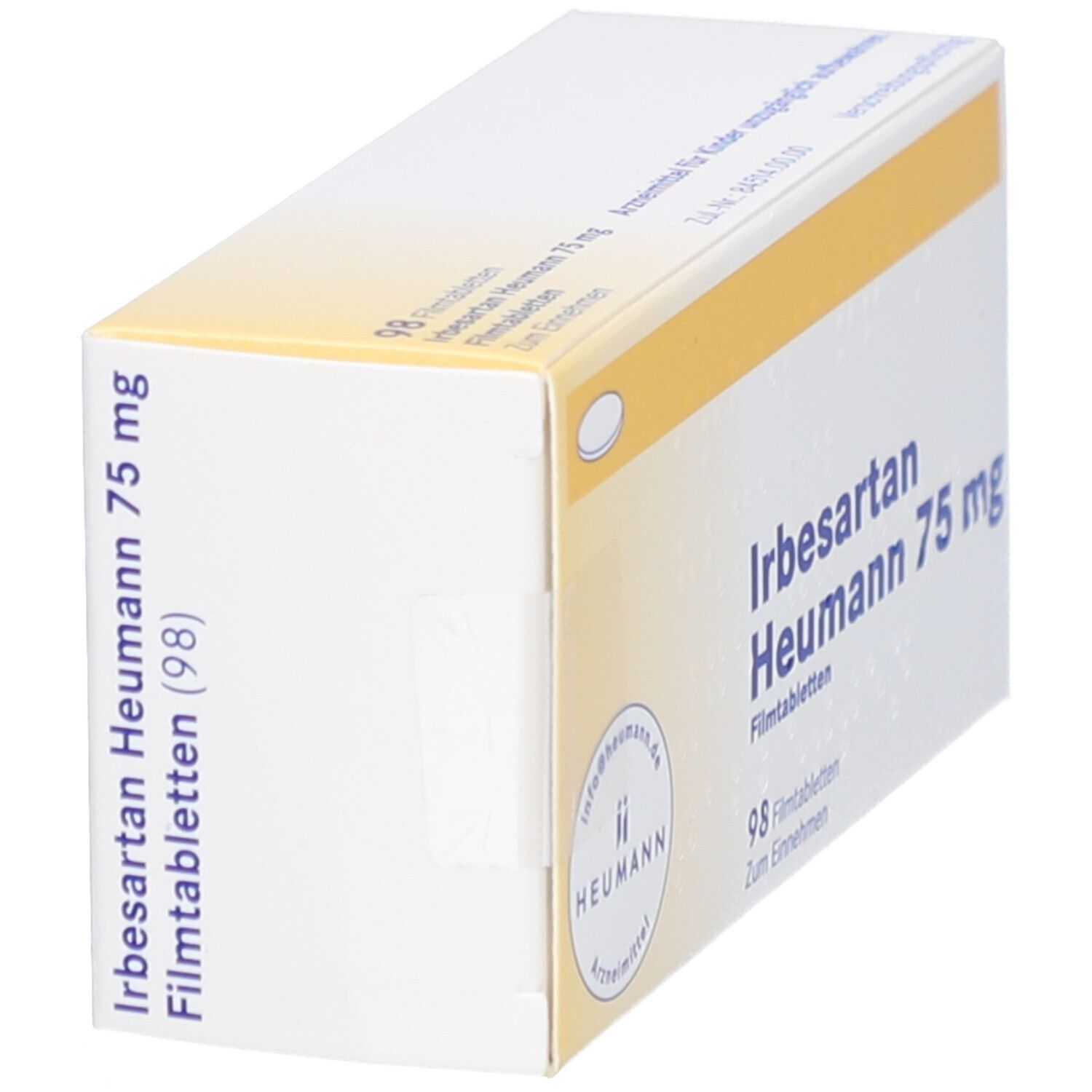 Schachtel "Irbesartan Heumann 75 mg". 98 Filmtabletten. Ansicht von der Seite. Gelb-weiße Verpackung.
