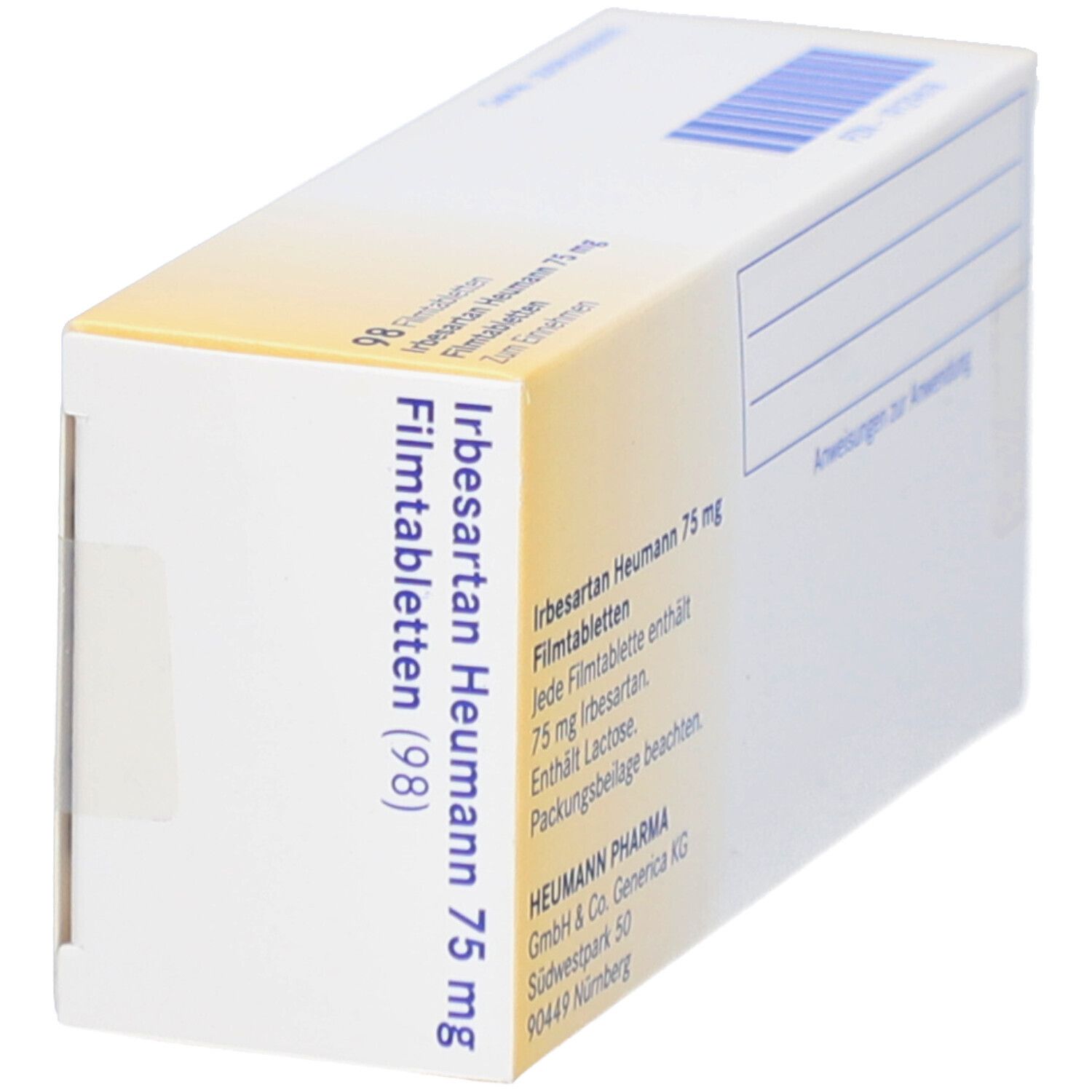Schachtel "Irbesartan Heumann 75 mg". 98 Filmtabletten. Ansicht von der Seite. Weiße Verpackung.
