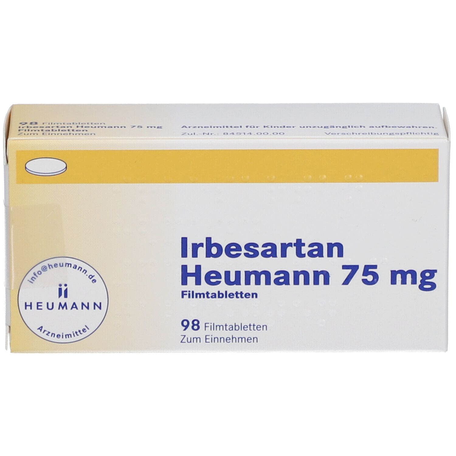 Schachtel "Irbesartan Heumann 75 mg". 98 Filmtabletten. Gelb-weiße Verpackung mit Logo und Produktinformationen.
